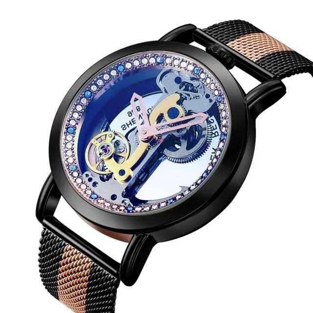 Creative Automatic Mechanical Watch Tourbillon Watches Transparent Diamonds Men Luxury Skeleton Self Winding Steel Mesh Clocks