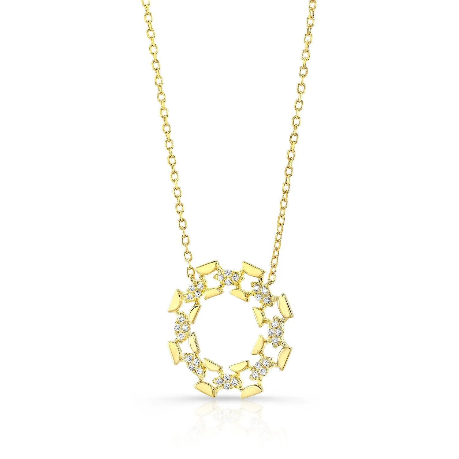 Diamond High Polish Open Wreath Necklace In 14k Yellow Gold, 16-18 Adj Chain