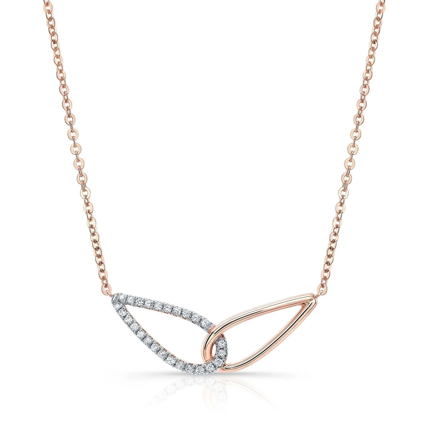 Diamond Pave And High Polish Teardrop Interlink Necklace In 14k Rose Gold, 16-18 Inch