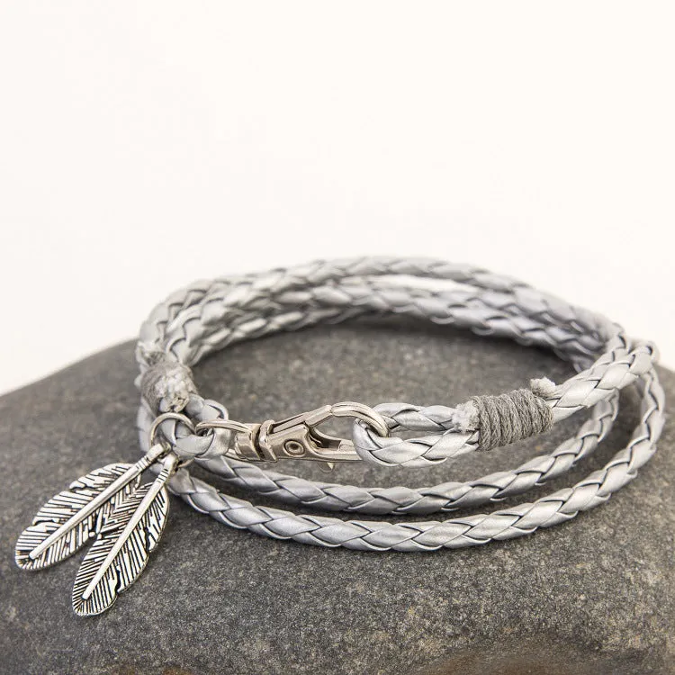 Double Feather Pendant Leather Charm Friendship Bracelets & Bangles