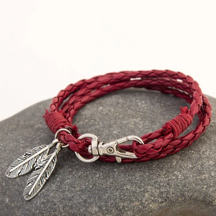 Double Feather Pendant Leather Charm Friendship Bracelets & Bangles
