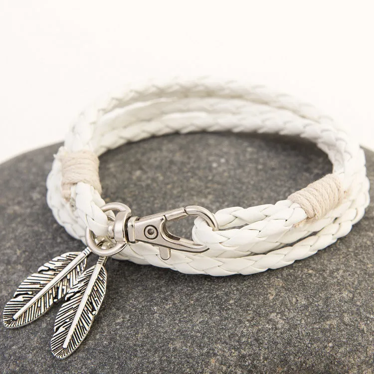 Double Feather Pendant Leather Charm Friendship Bracelets & Bangles