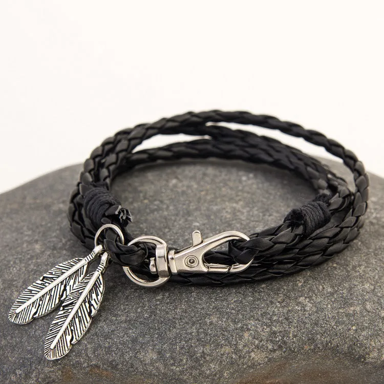 Double Feather Pendant Leather Charm Friendship Bracelets & Bangles