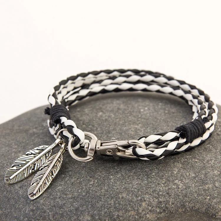 Double Feather Pendant Leather Charm Friendship Bracelets & Bangles