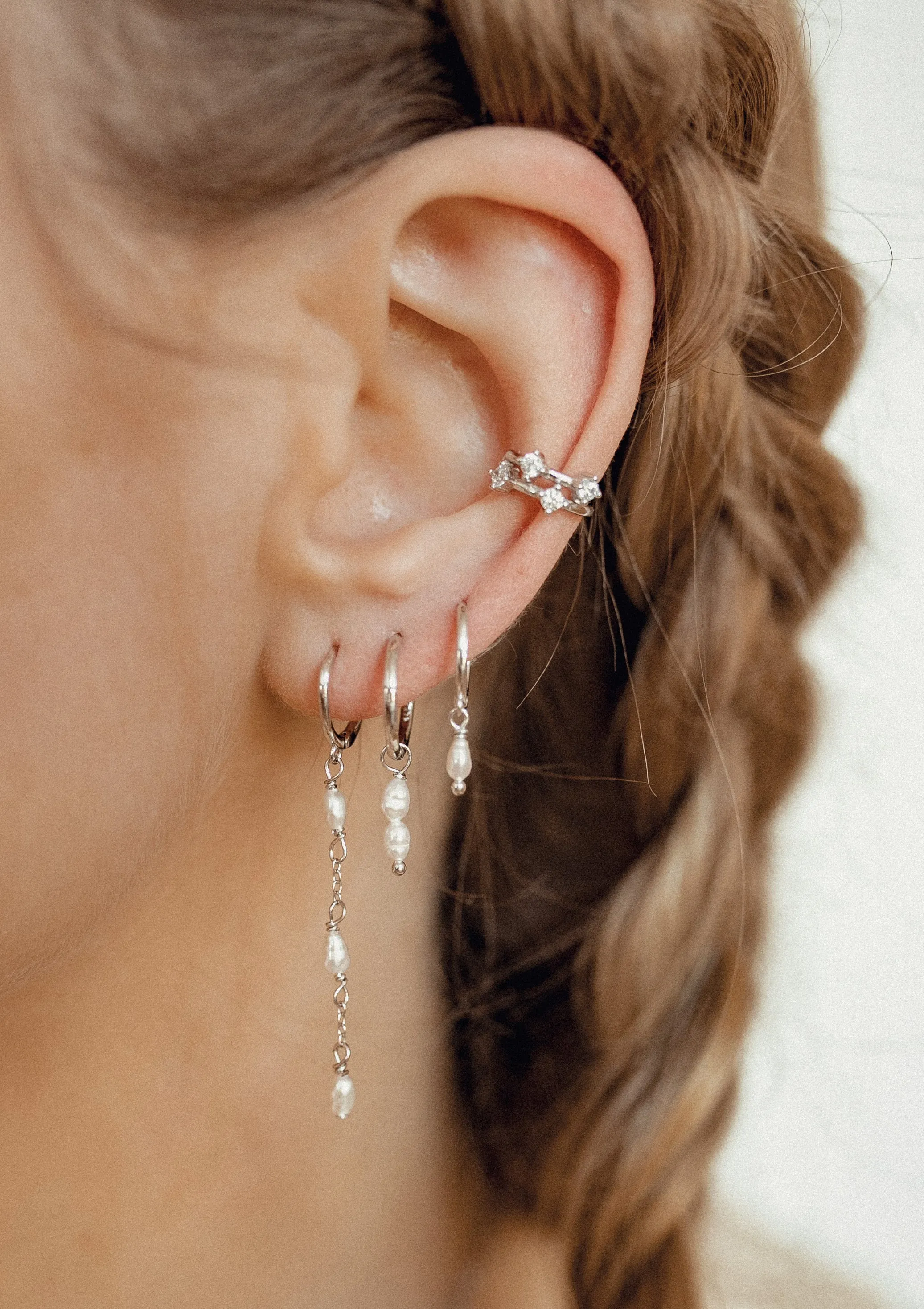 Double Pearl Charm Hoop Earrings Sterling Silver