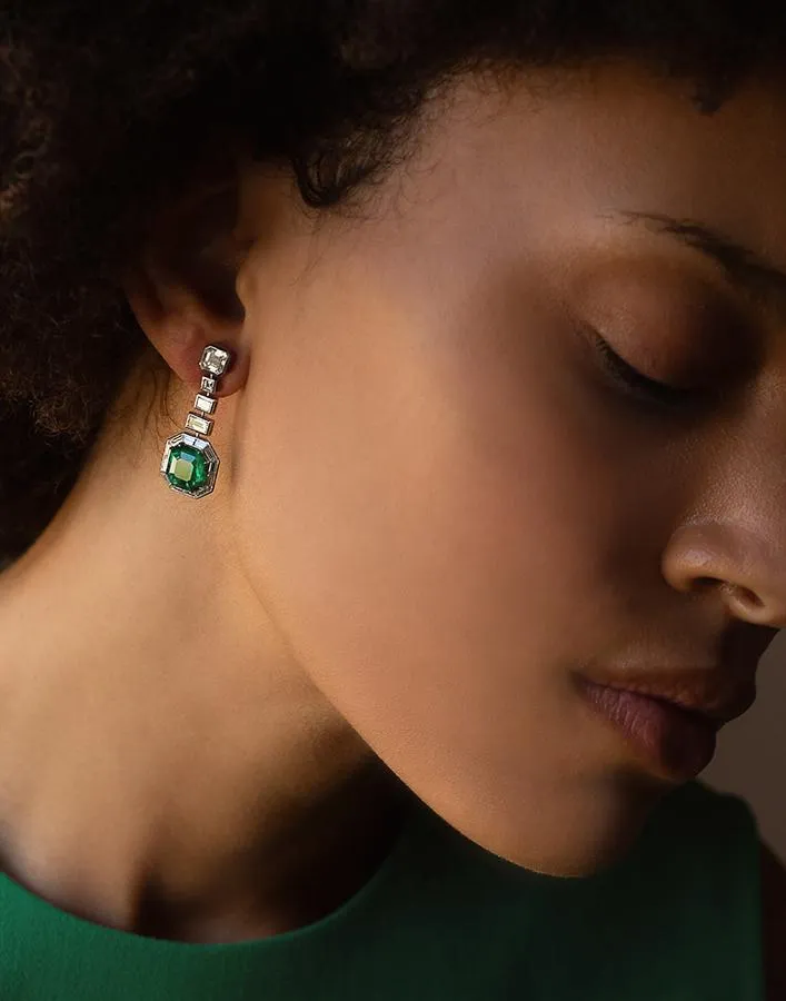 Emerald and Step Cut Diamond Earrings