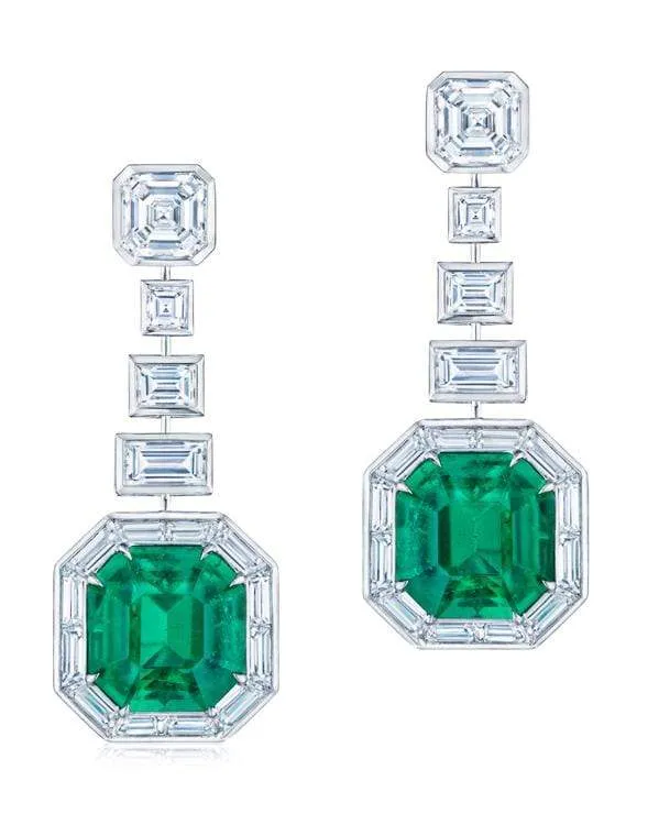 Emerald and Step Cut Diamond Earrings
