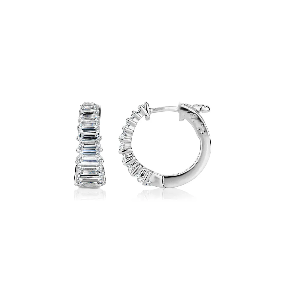 Emerald Cut hoop earrings with diamond simulants in sterling silver