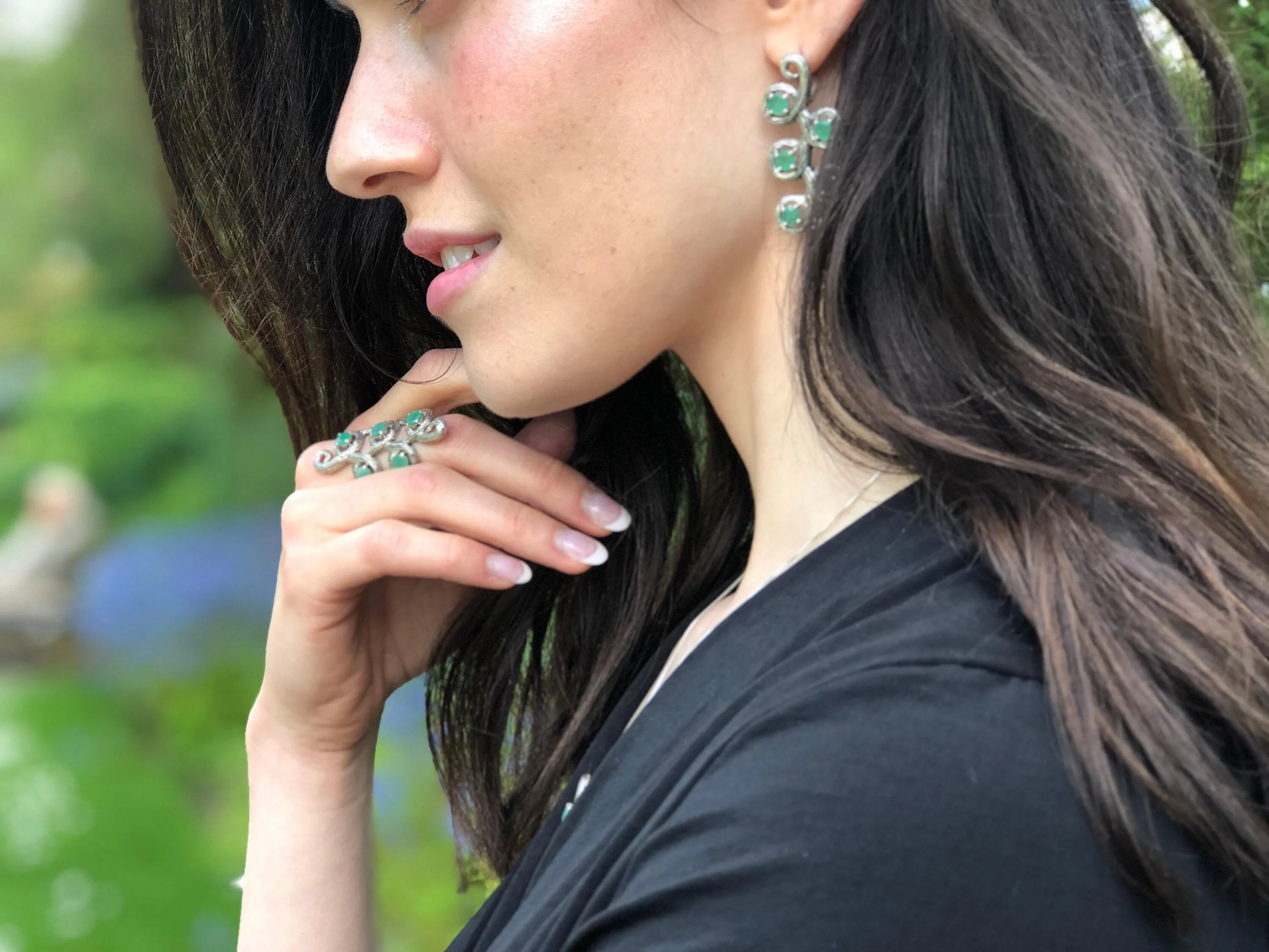 Emerald Statement Ring - Long Leaf Ring - Boho Emerald Ring