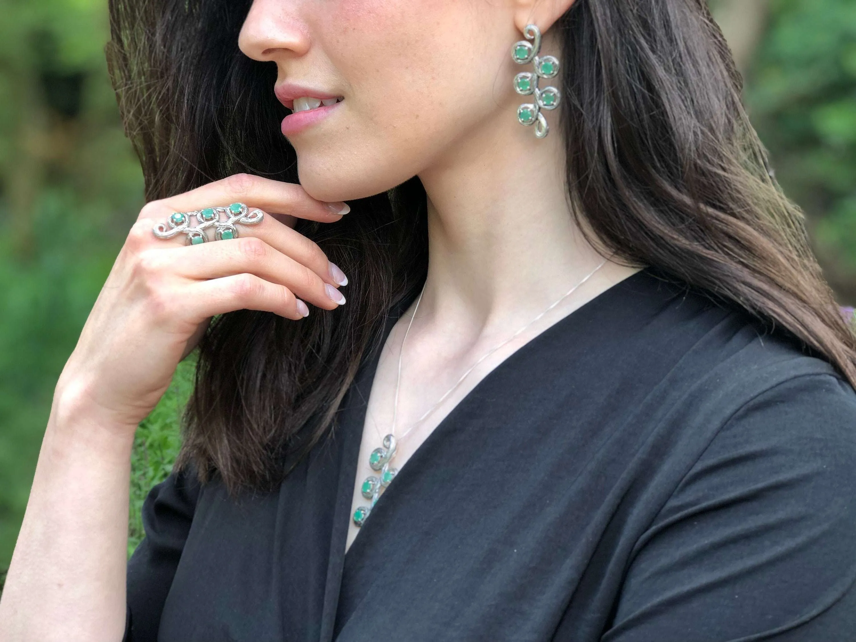 Emerald Statement Ring - Long Leaf Ring - Boho Emerald Ring