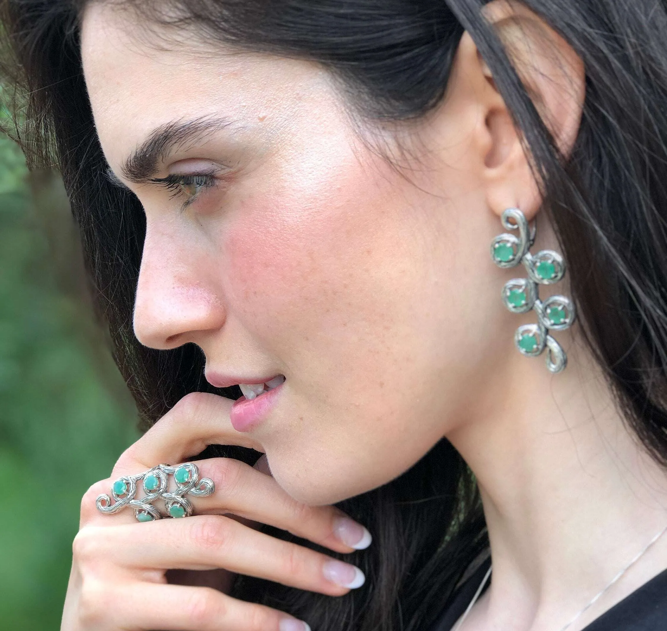 Emerald Statement Ring - Long Leaf Ring - Boho Emerald Ring