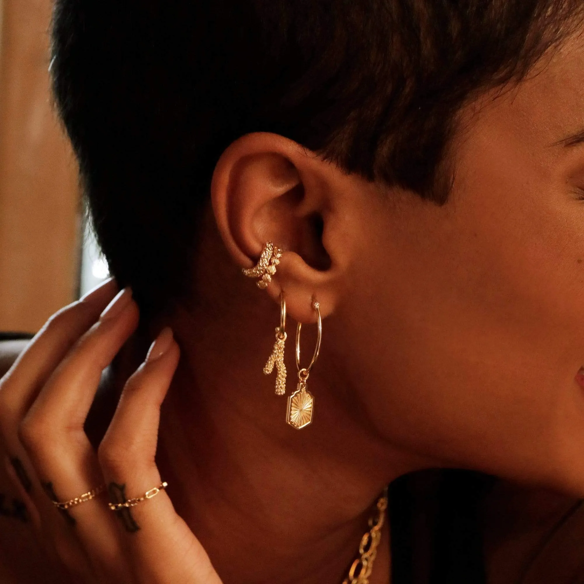 Estée Lalonde Sunburst Shield Hoop Earrings 18Ct Gold Plate