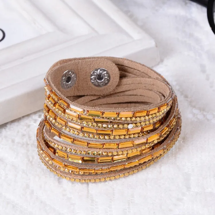 Fashion 6 Layer Wrap Bracelets Slake Leather Bracelets With Crystals Couple Jewelry