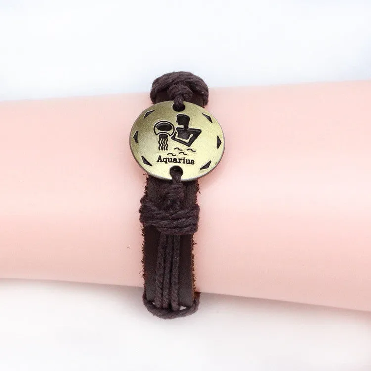 Fashion Zodiac Signs Leather Bracelet Constellations charm Bracelets Adjustable Bracelet Jewelry