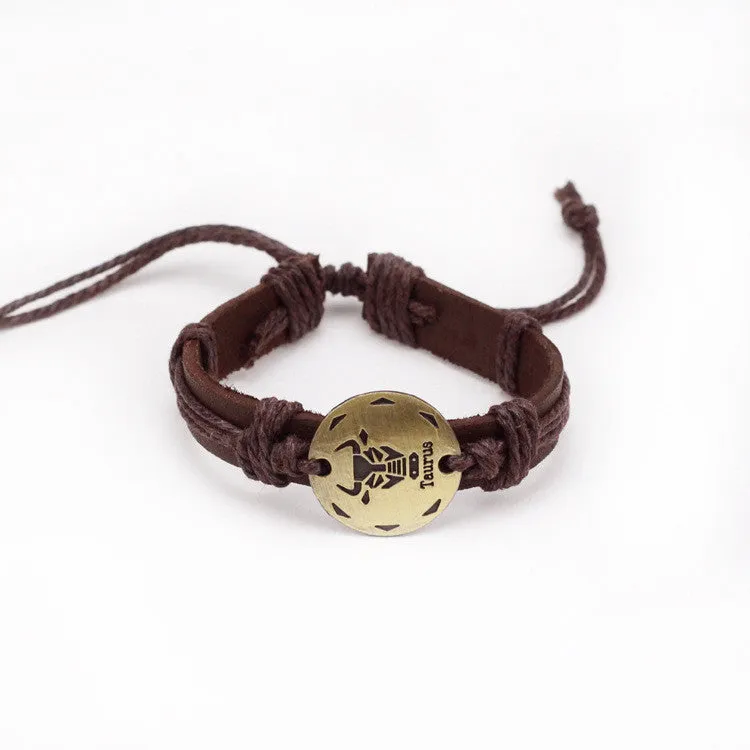Fashion Zodiac Signs Leather Bracelet Constellations charm Bracelets Adjustable Bracelet Jewelry