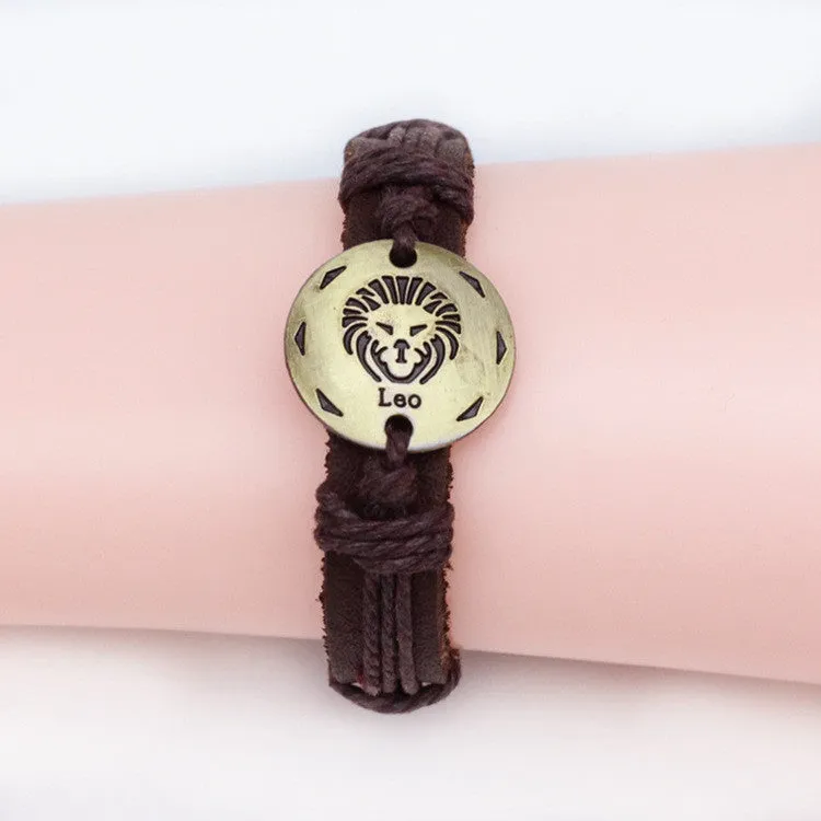 Fashion Zodiac Signs Leather Bracelet Constellations charm Bracelets Adjustable Bracelet Jewelry