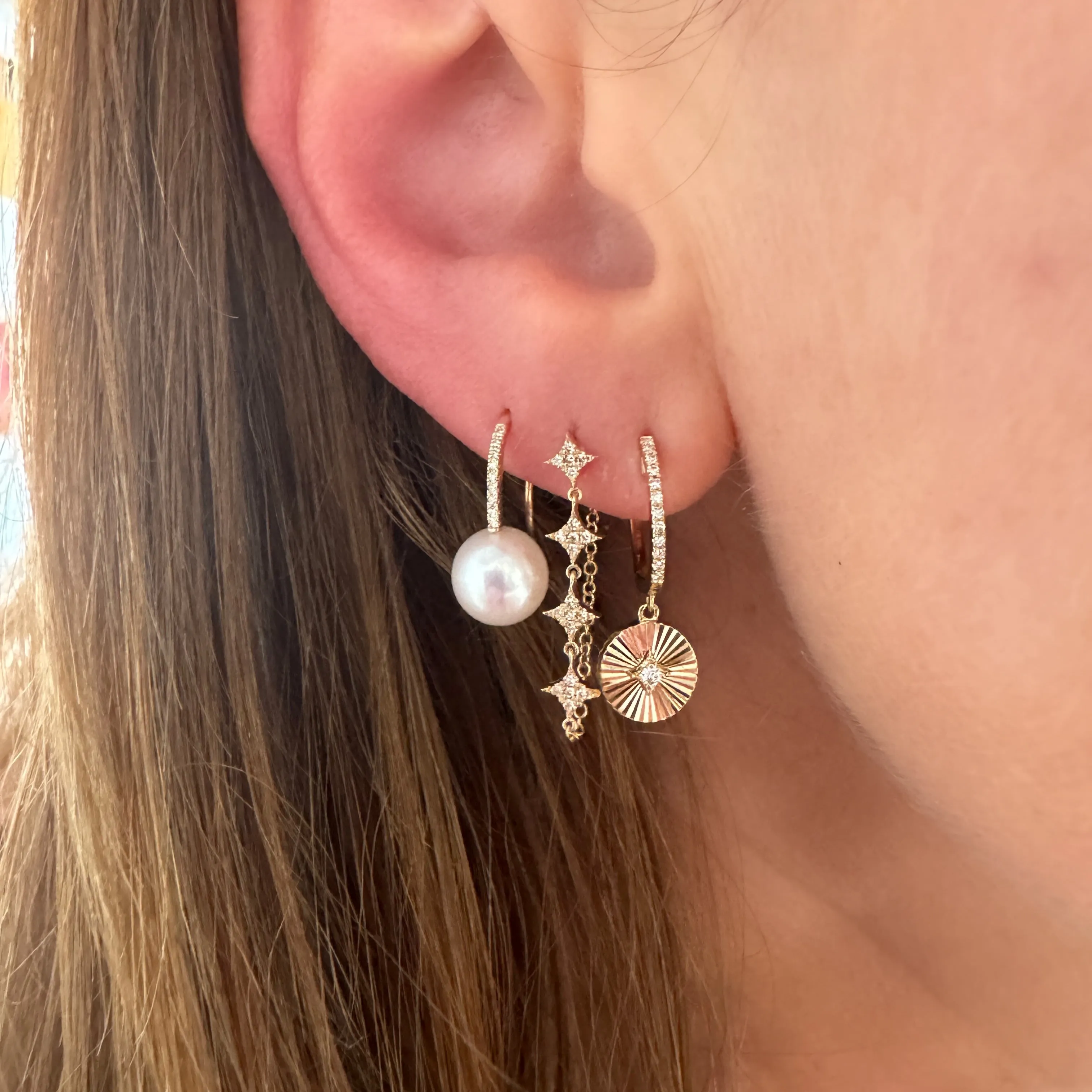 Fluted Gold & Diamond Disc Drop Huggie Hoop Earrings