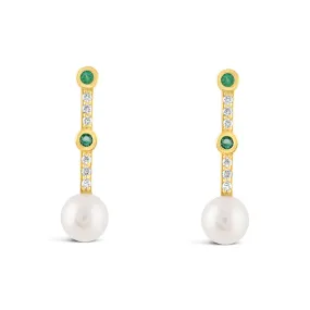 Freashwater Pearl Diamond & Emerald Drop Earrings