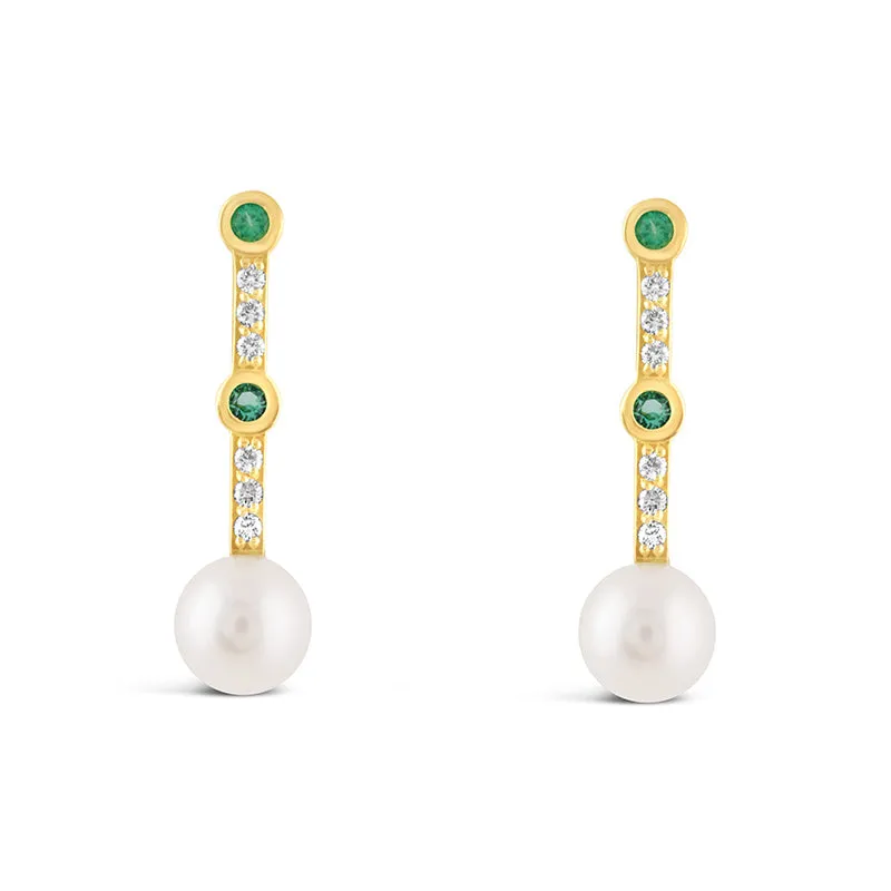 Freashwater Pearl Diamond & Emerald Drop Earrings