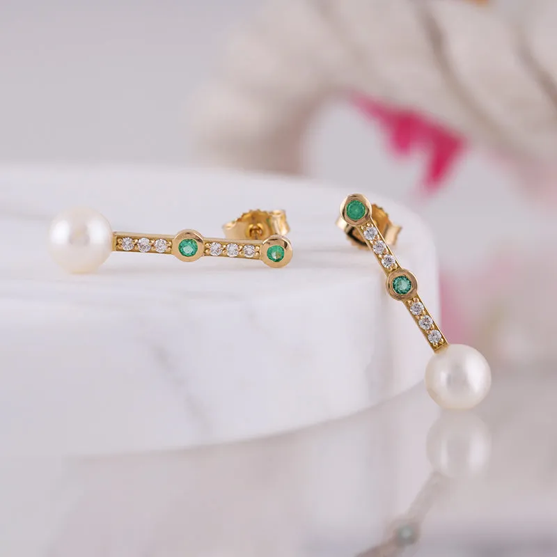 Freashwater Pearl Diamond & Emerald Drop Earrings