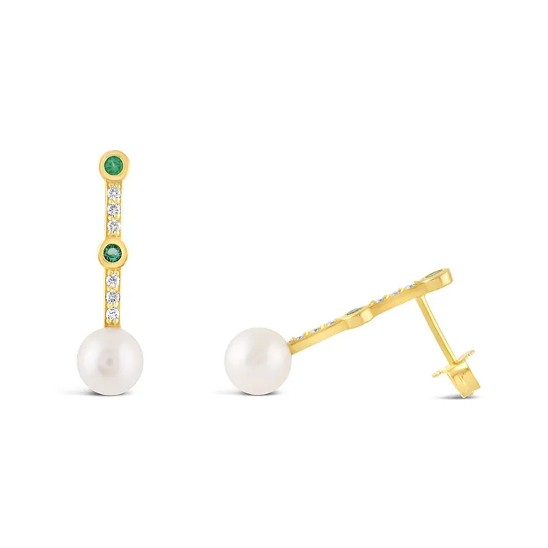 Freashwater Pearl Diamond & Emerald Drop Earrings