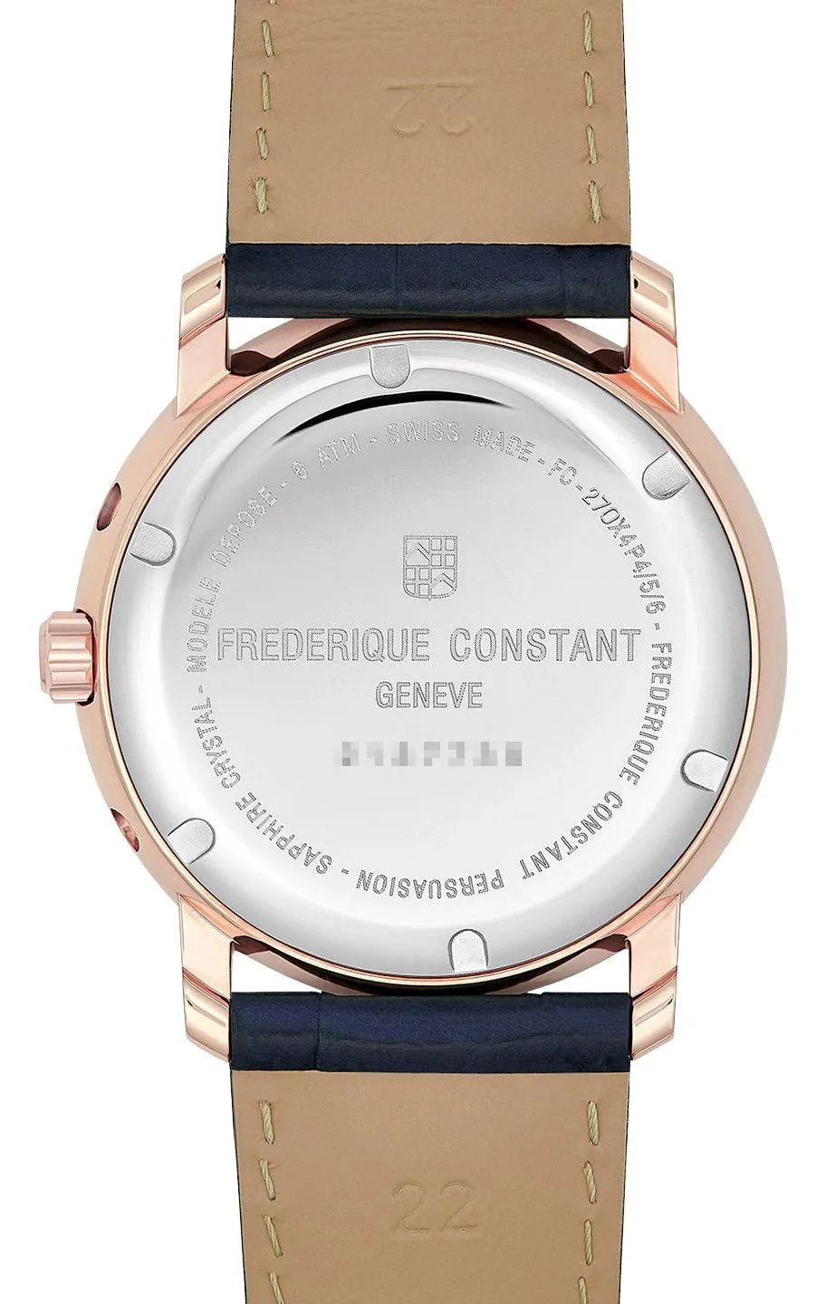 Frederique Constant Classics Index Business Timer Rose Gold Plated Blue Dial Blue Leather Strap Moonphase Day/Date/Week Quartz Mens Watch FC-270N4P4