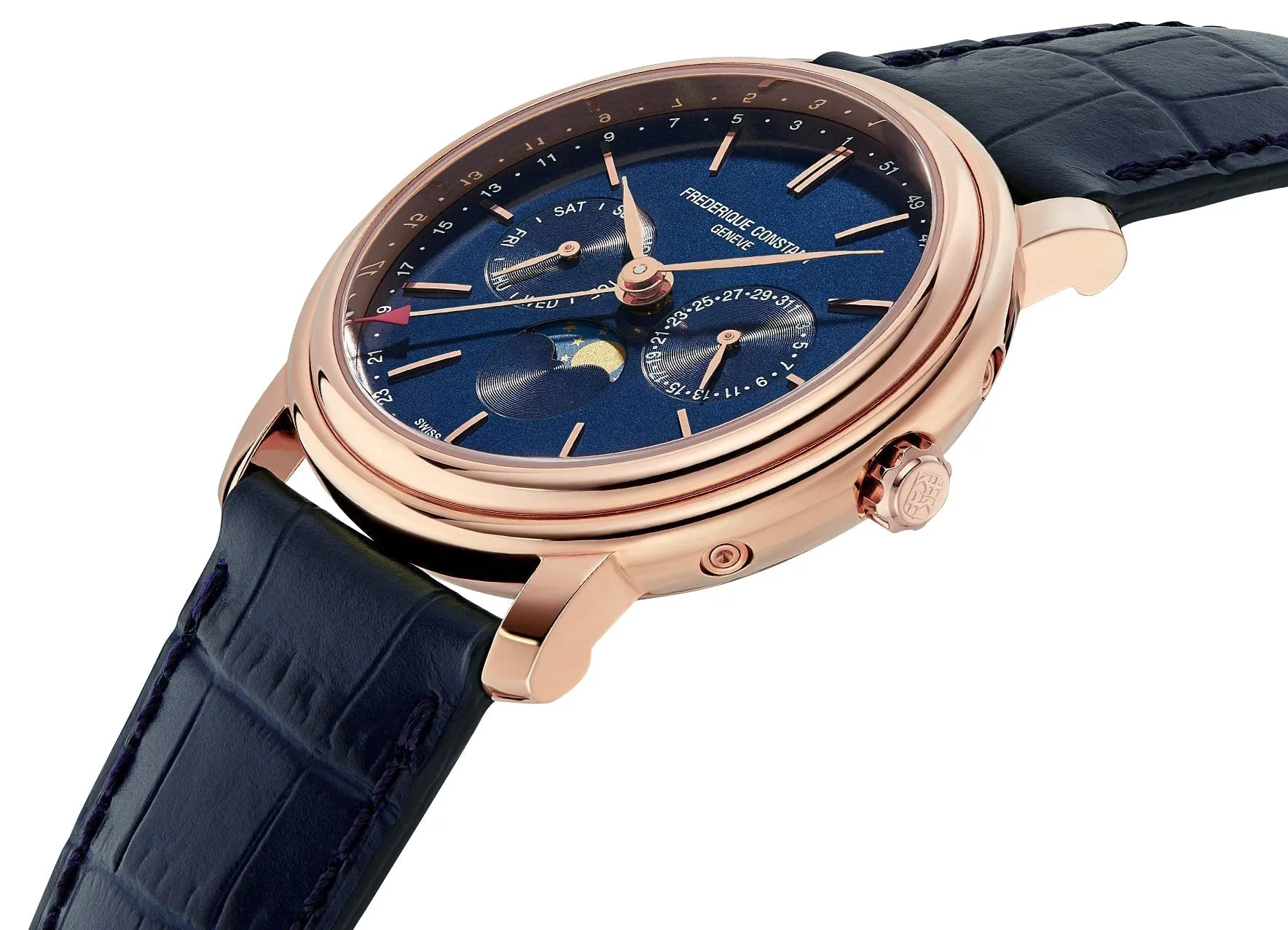 Frederique Constant Classics Index Business Timer Rose Gold Plated Blue Dial Blue Leather Strap Moonphase Day/Date/Week Quartz Mens Watch FC-270N4P4