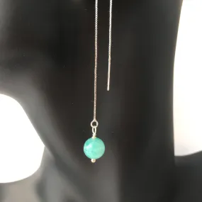 Genuine Amazonite Threader Earrings Pair, Long Silver Plated Chain Threaders, Pair