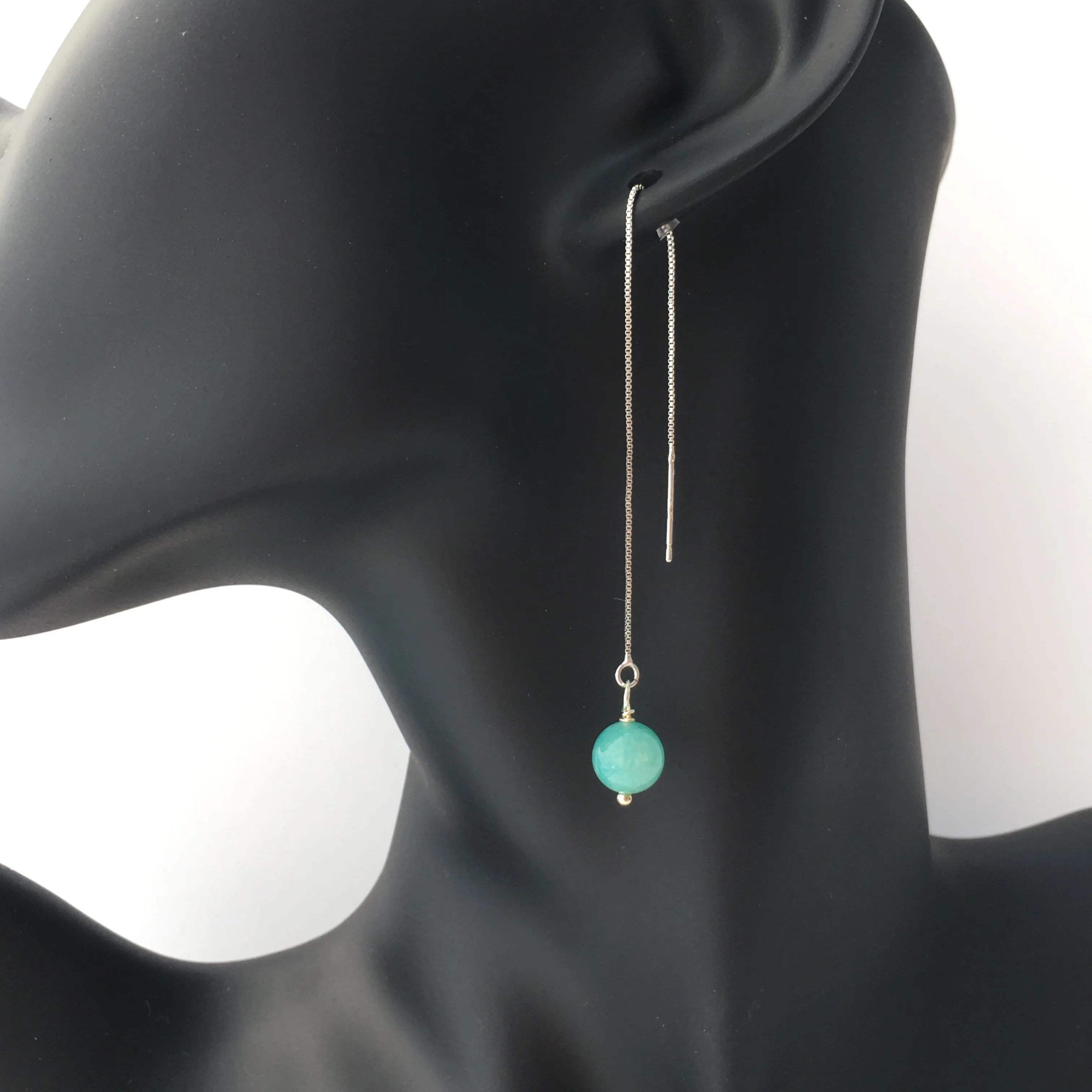 Genuine Amazonite Threader Earrings Pair, Long Silver Plated Chain Threaders, Pair