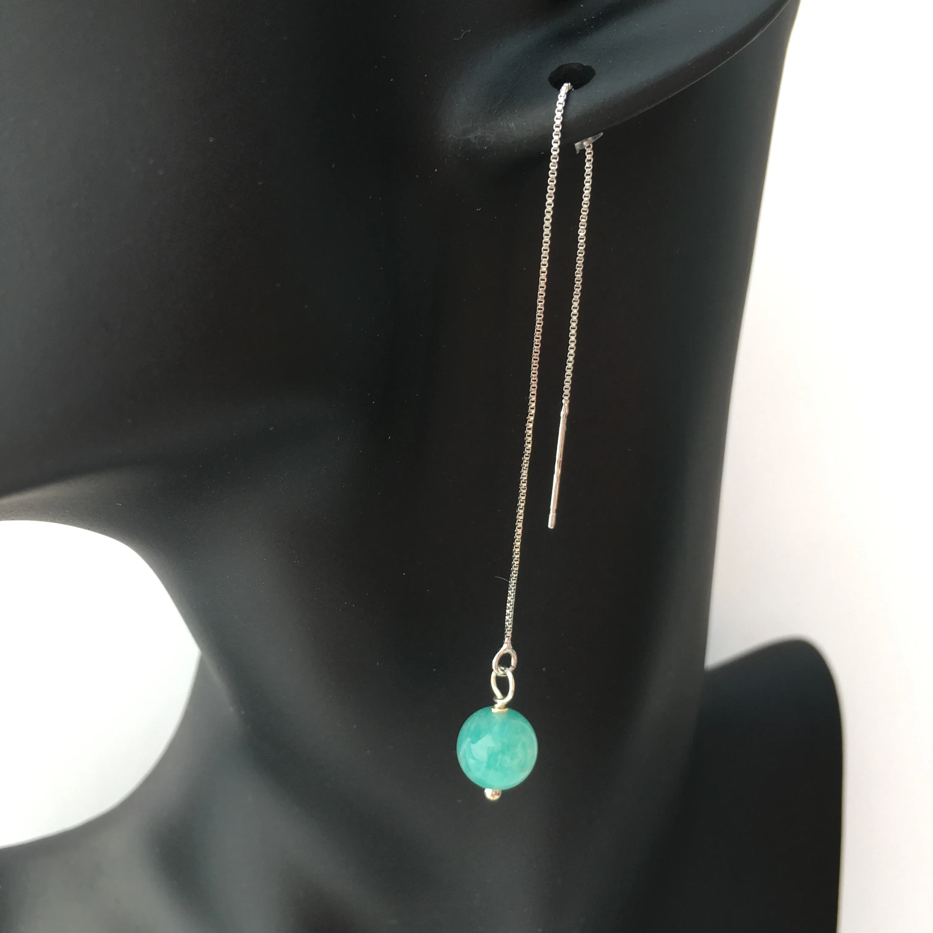 Genuine Amazonite Threader Earrings Pair, Long Silver Plated Chain Threaders, Pair