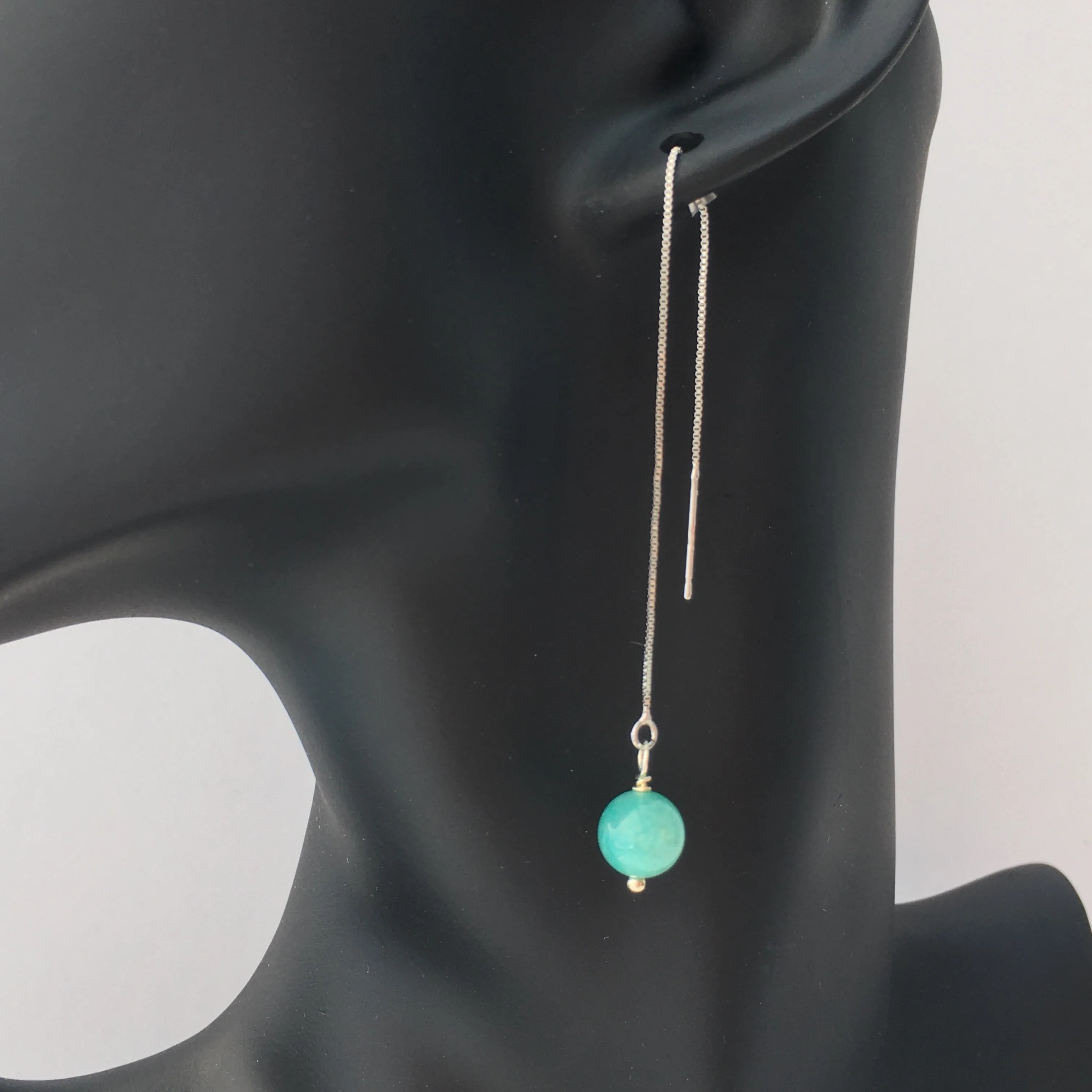 Genuine Amazonite Threader Earrings Pair, Long Silver Plated Chain Threaders, Pair