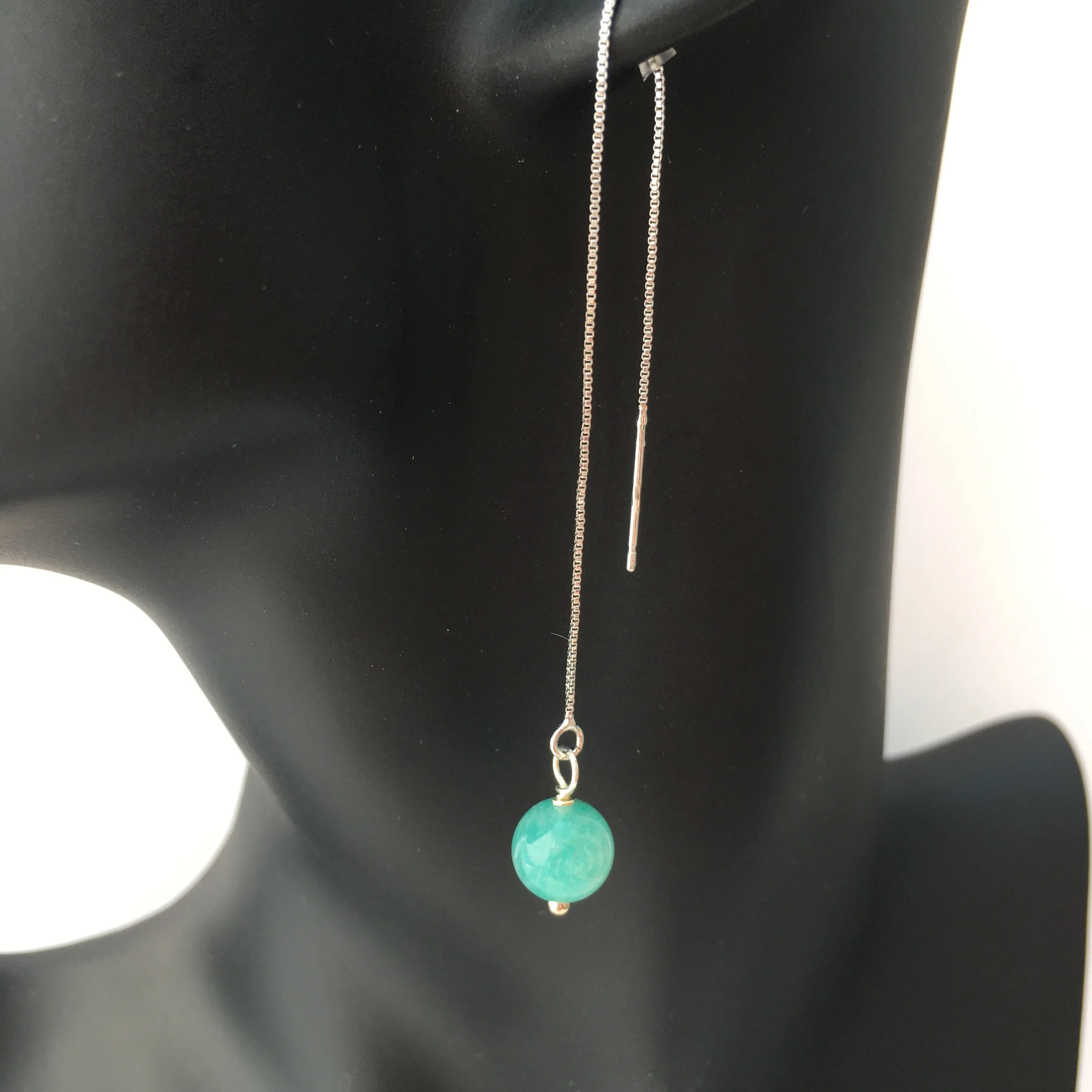 Genuine Amazonite Threader Earrings Pair, Long Silver Plated Chain Threaders, Pair