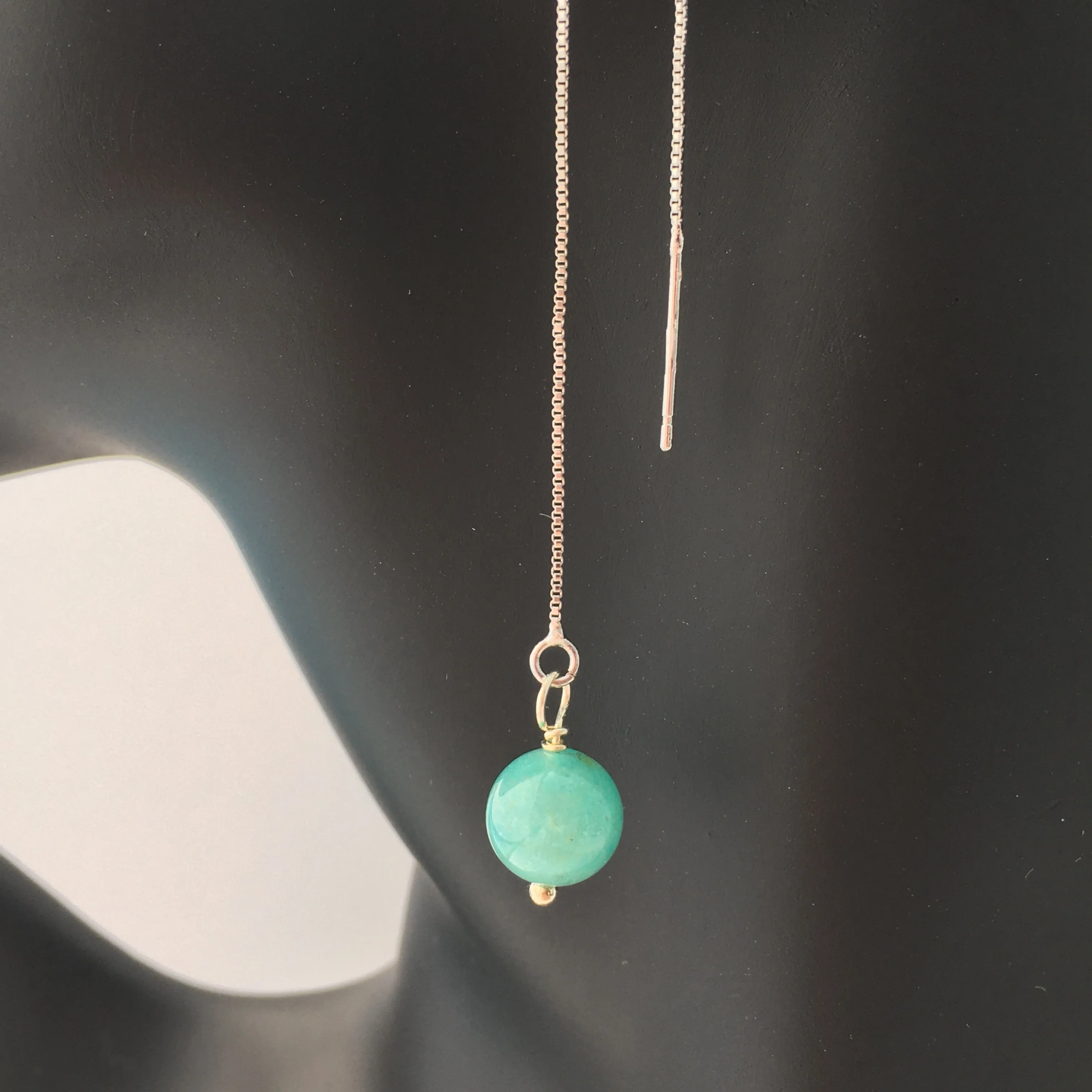 Genuine Amazonite Threader Earrings Pair, Long Silver Plated Chain Threaders, Pair