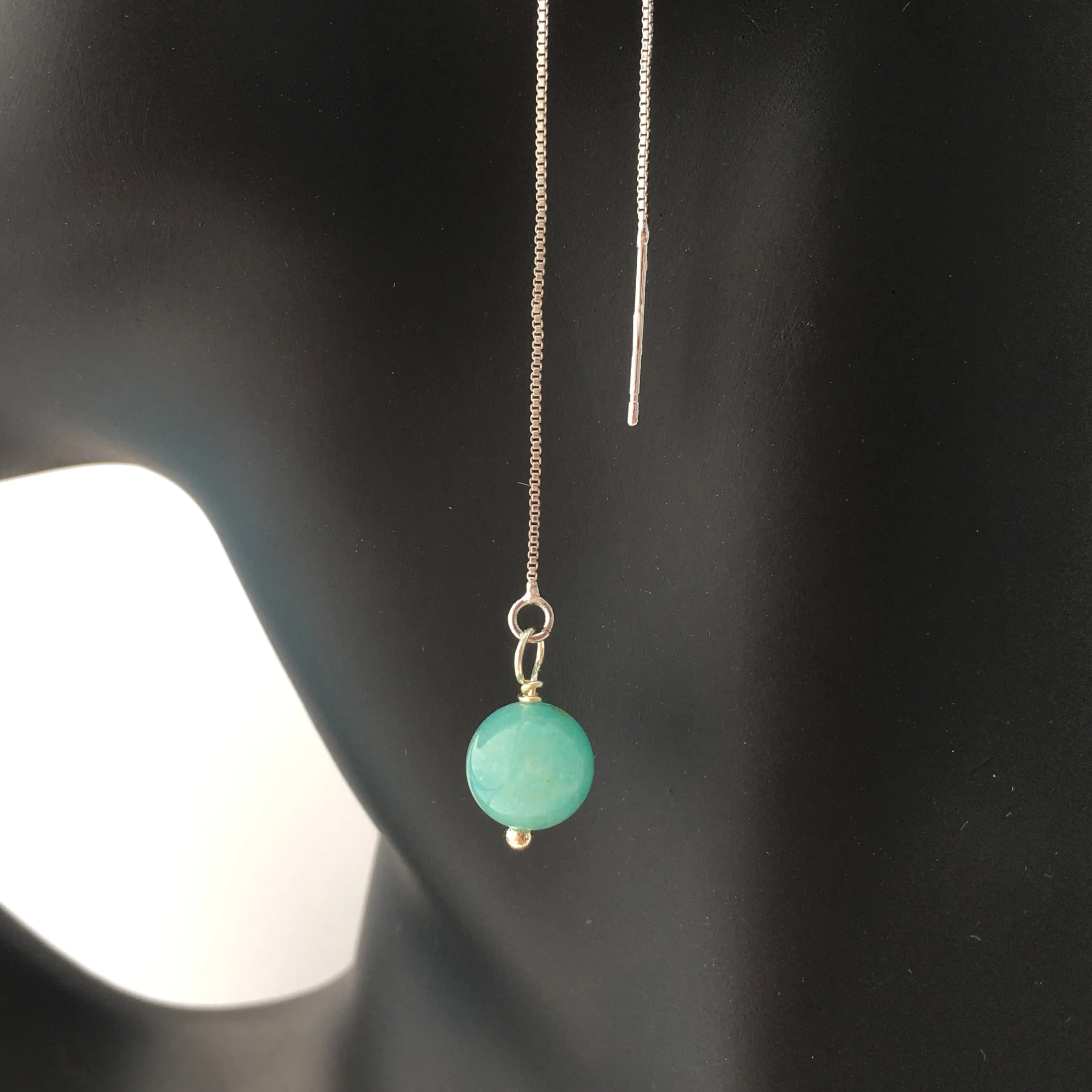Genuine Amazonite Threader Earrings Pair, Long Silver Plated Chain Threaders, Pair