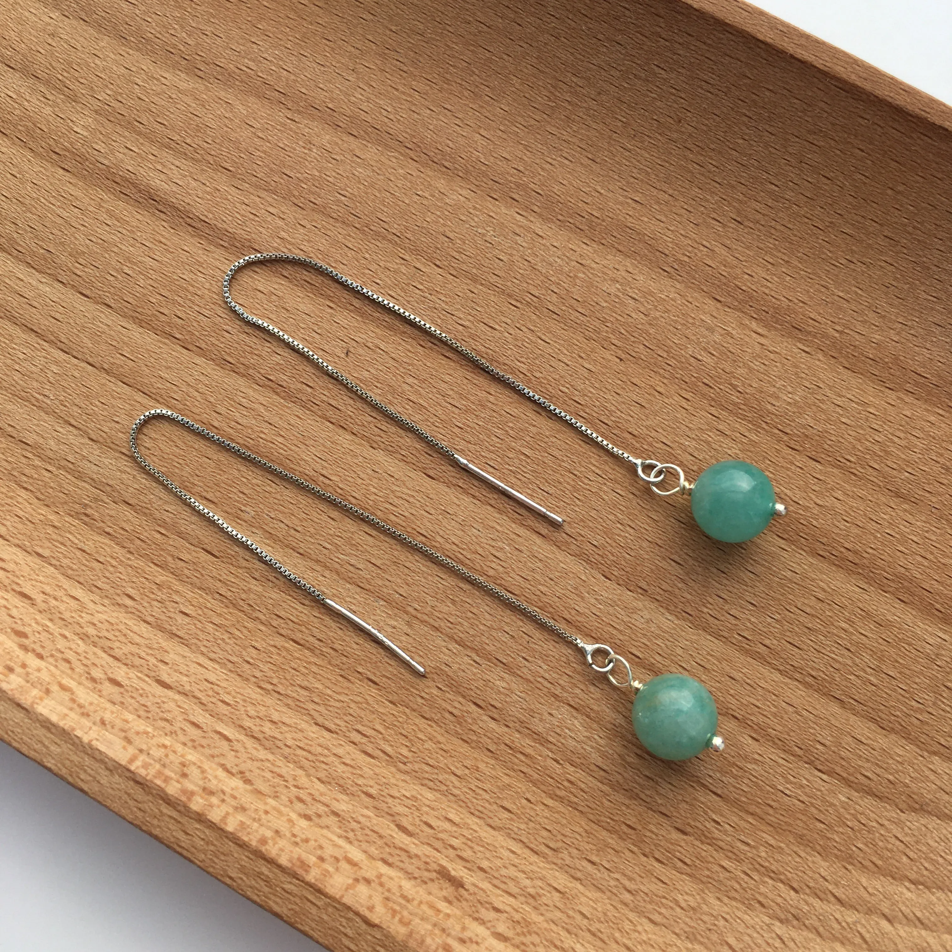 Genuine Amazonite Threader Earrings Pair, Long Silver Plated Chain Threaders, Pair