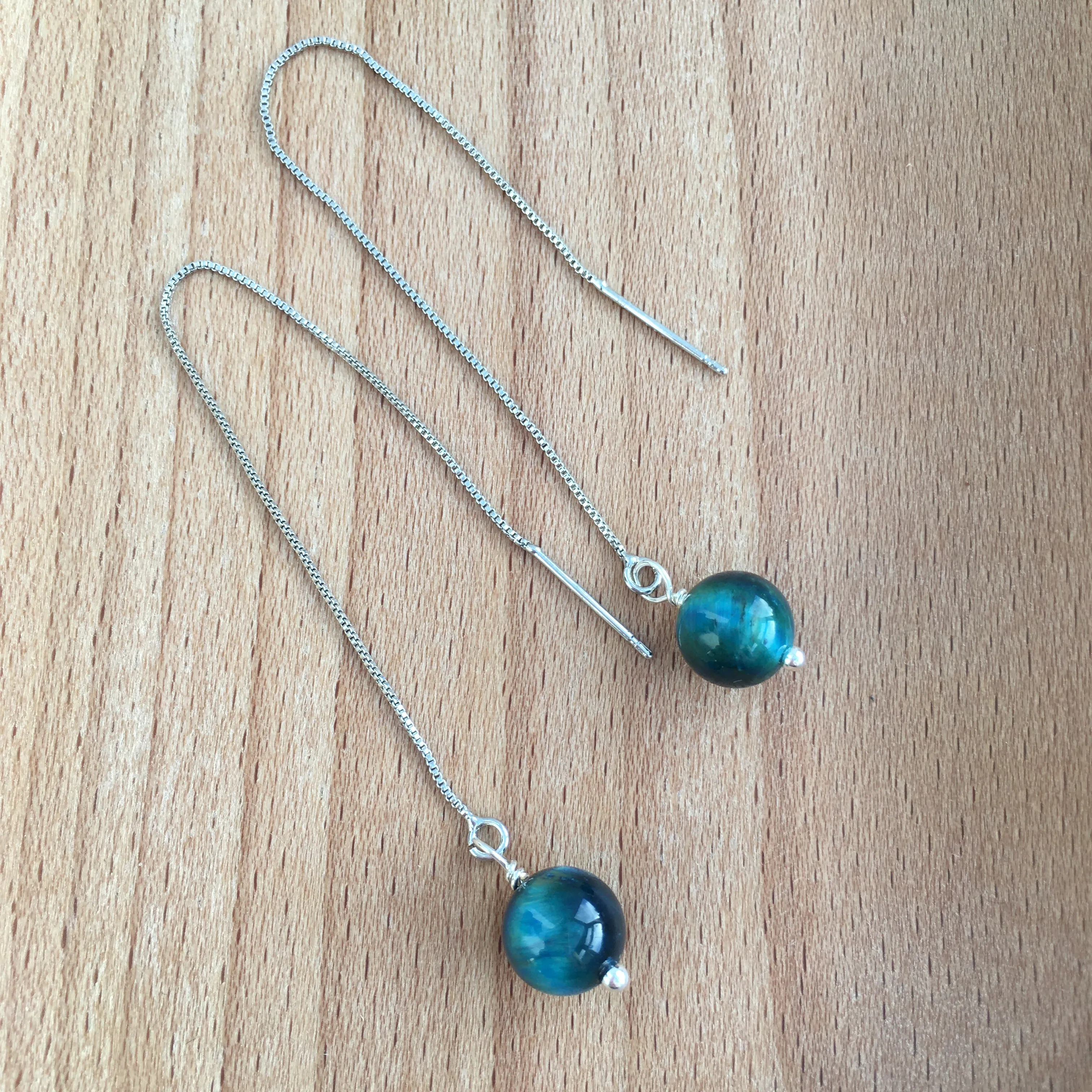 Genuine Blue Tiger's Eye Silver Plated Threader Earrings, Pair