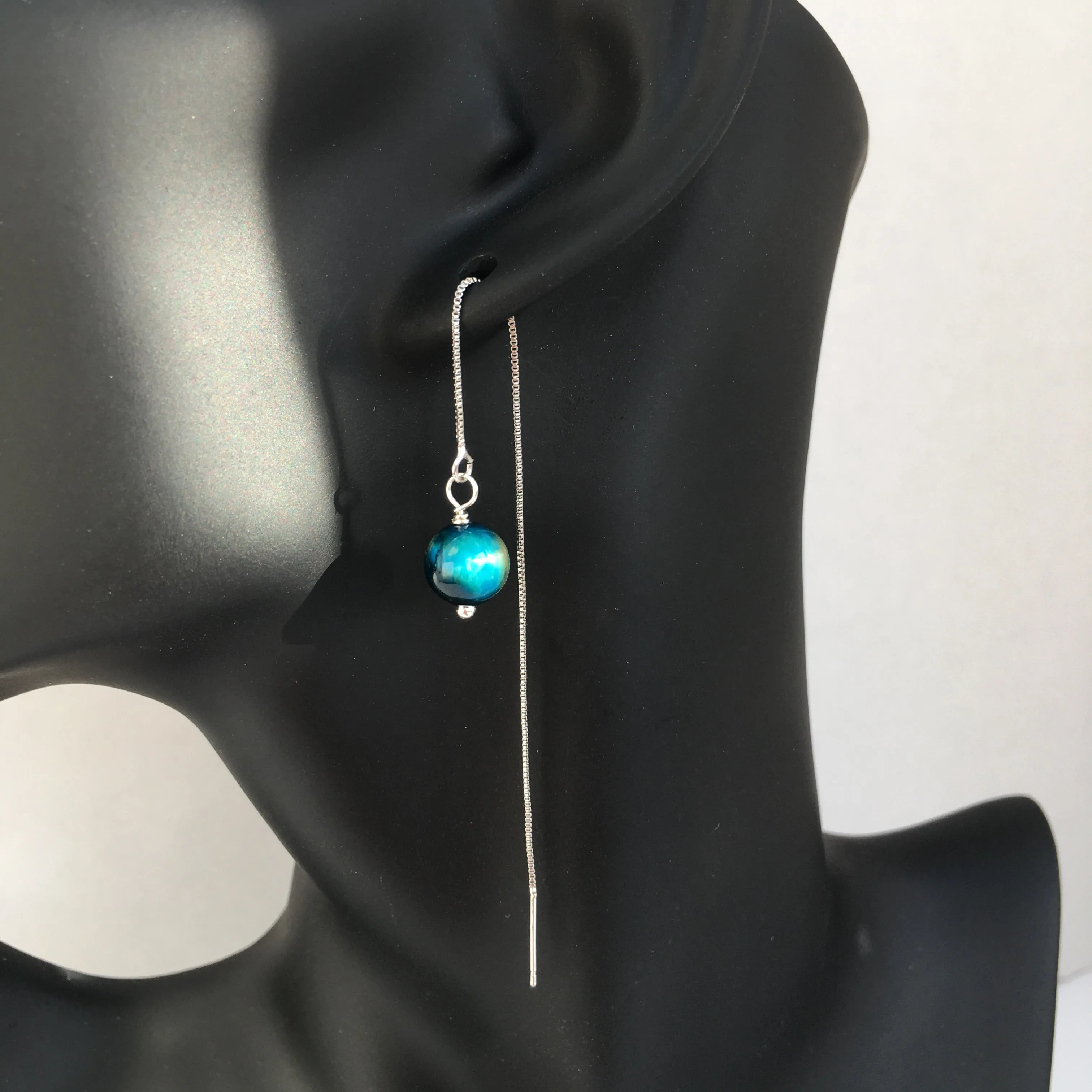 Genuine Blue Tiger's Eye Silver Plated Threader Earrings, Pair