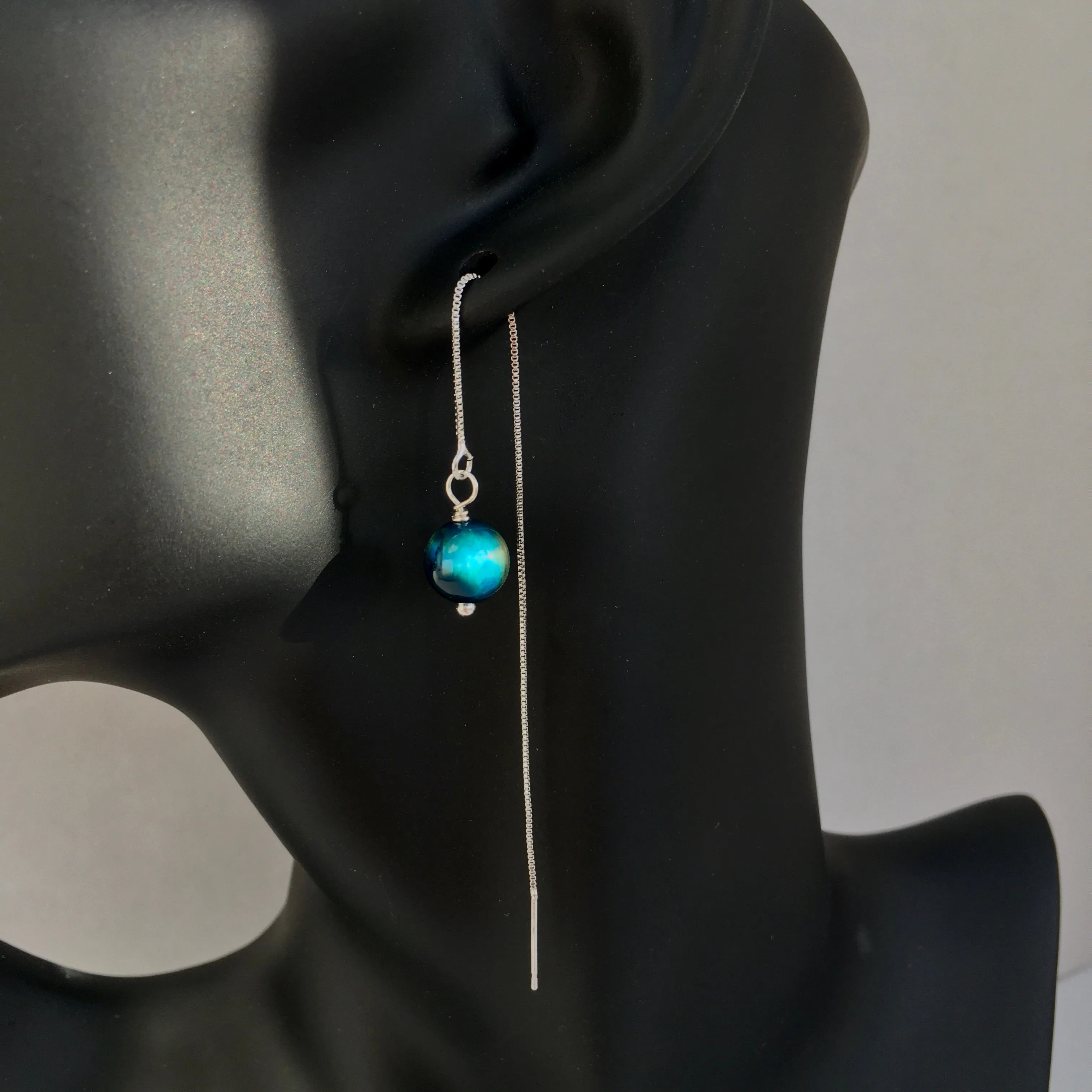 Genuine Blue Tiger's Eye Silver Plated Threader Earrings, Pair