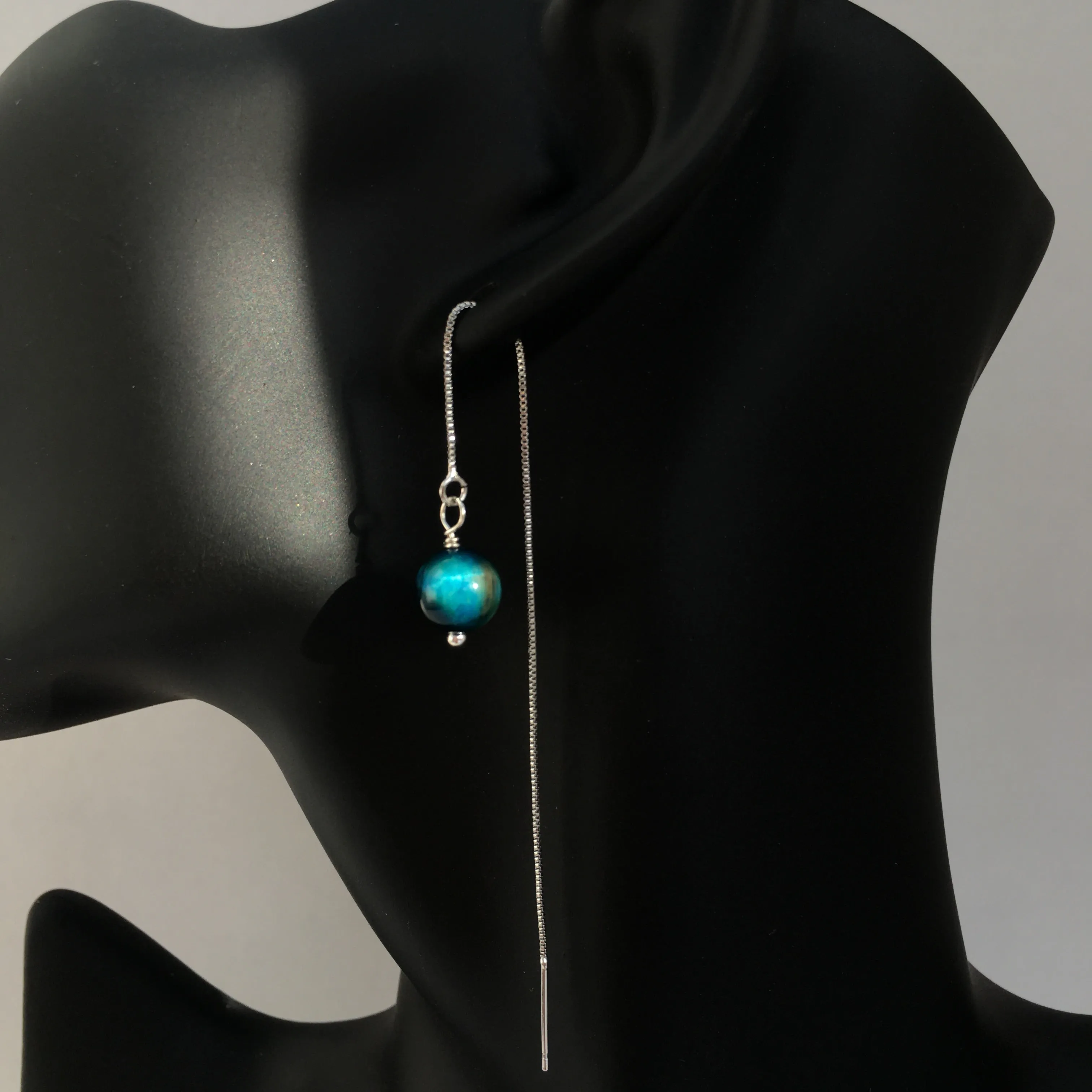 Genuine Blue Tiger's Eye Silver Plated Threader Earrings, Pair