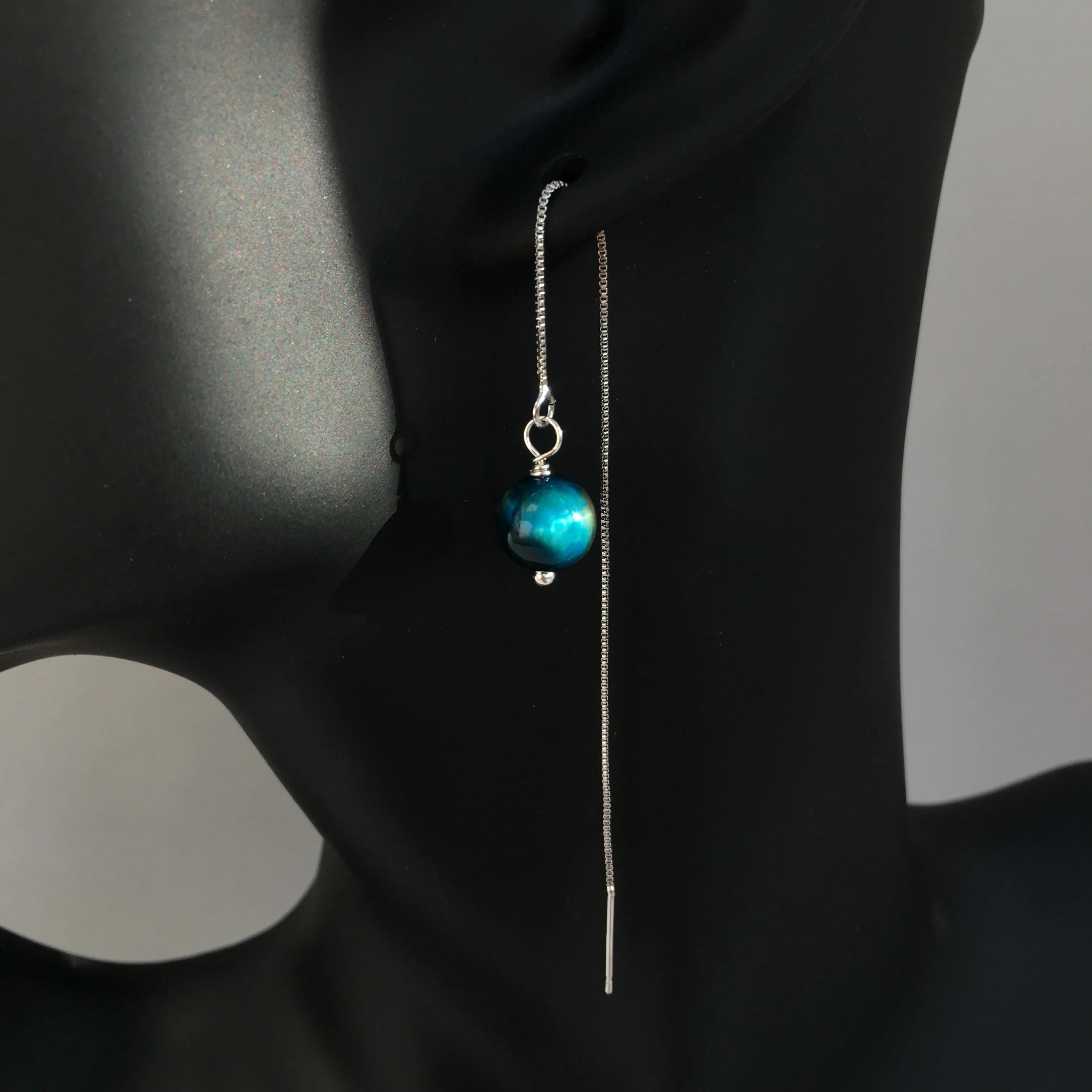 Genuine Blue Tiger's Eye Silver Plated Threader Earrings, Pair