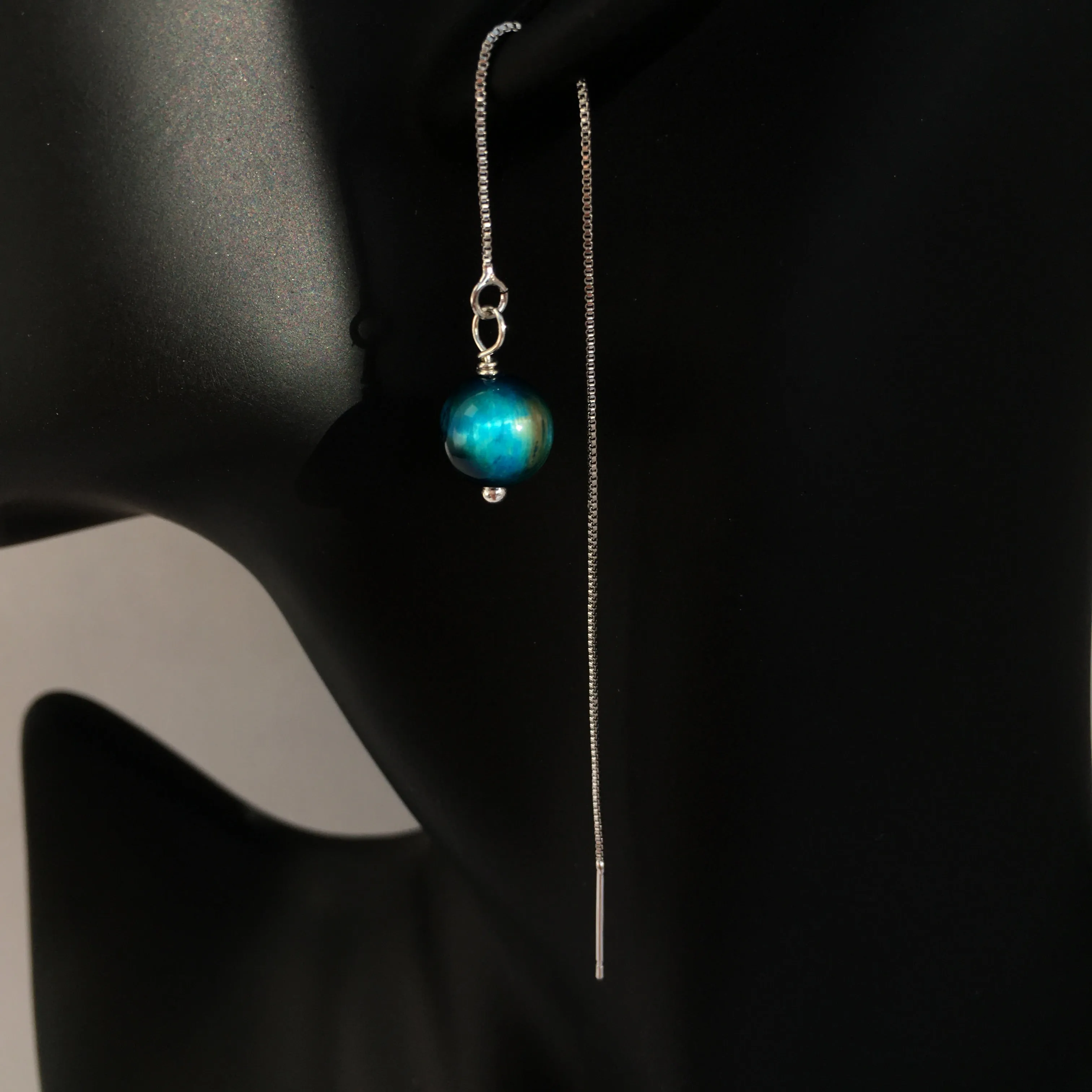 Genuine Blue Tiger's Eye Silver Plated Threader Earrings, Pair