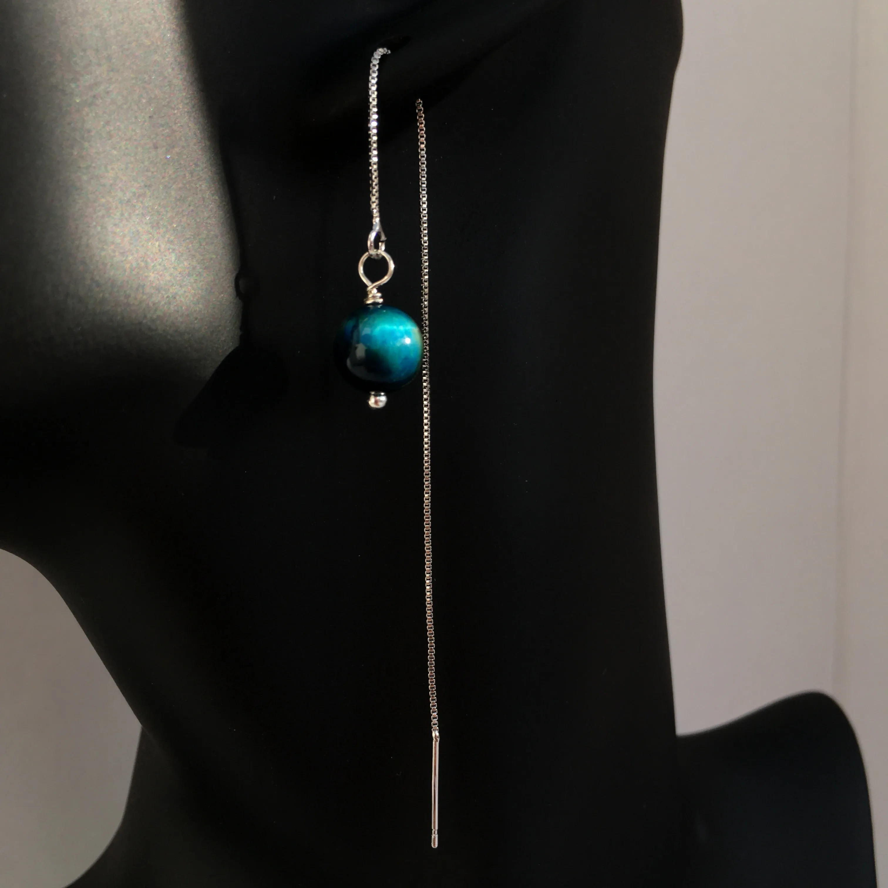 Genuine Blue Tiger's Eye Silver Plated Threader Earrings, Pair
