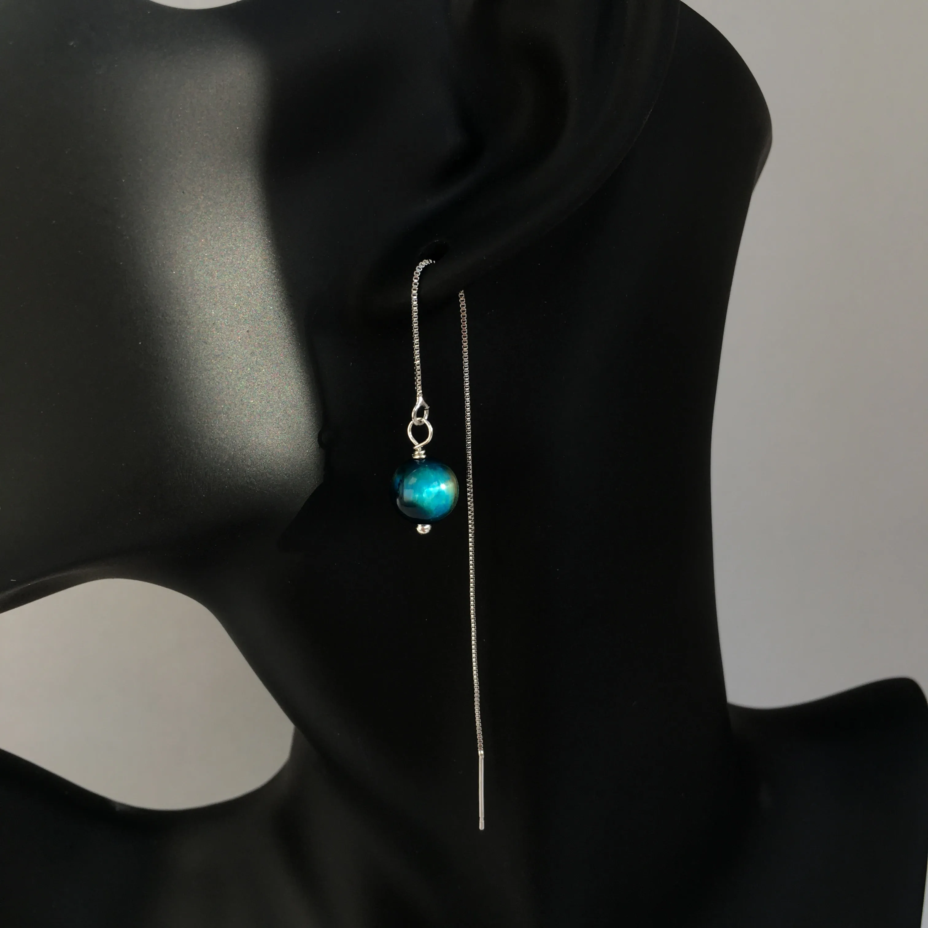 Genuine Blue Tiger's Eye Silver Plated Threader Earrings, Pair