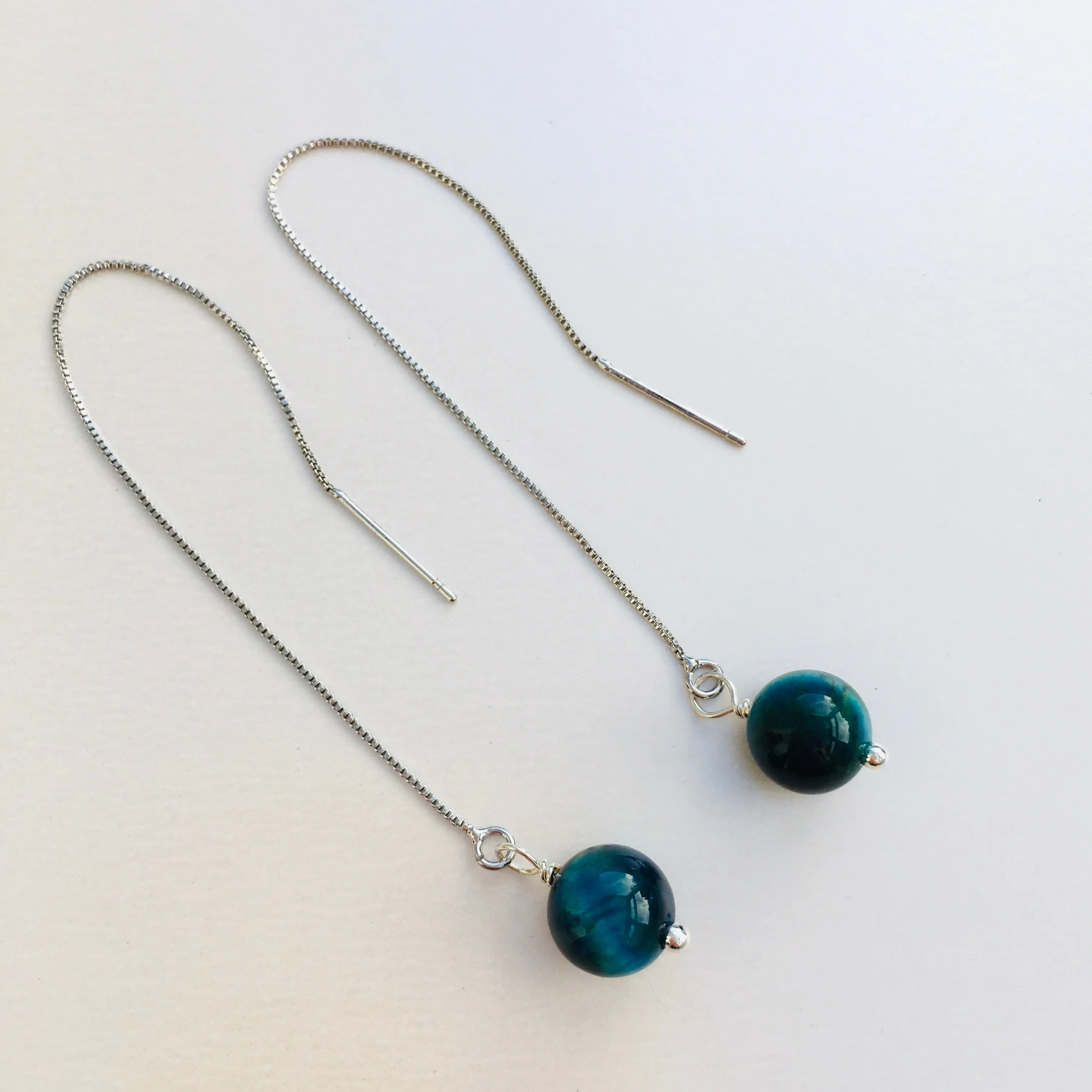 Genuine Blue Tiger's Eye Silver Plated Threader Earrings, Pair