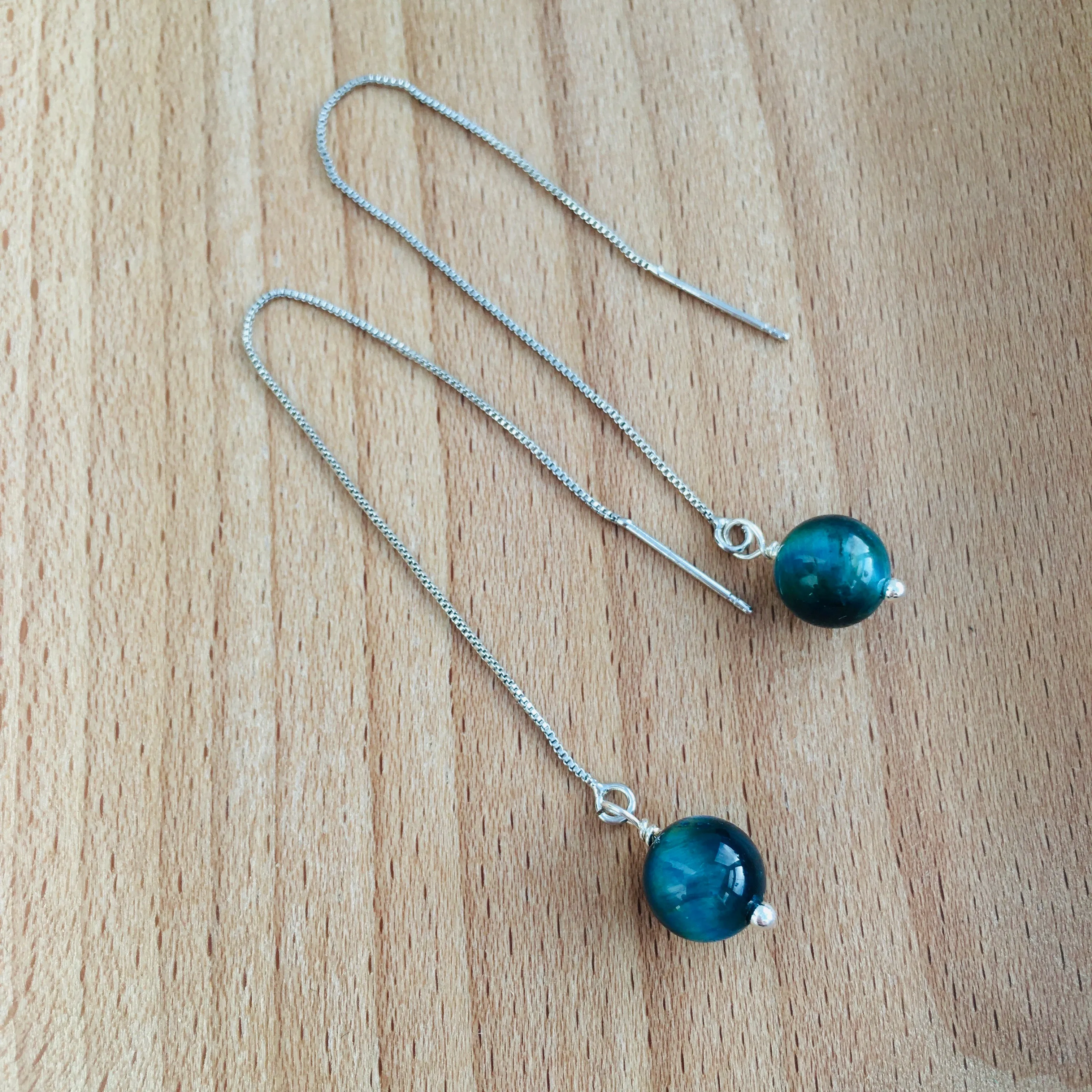 Genuine Blue Tiger's Eye Silver Plated Threader Earrings, Pair