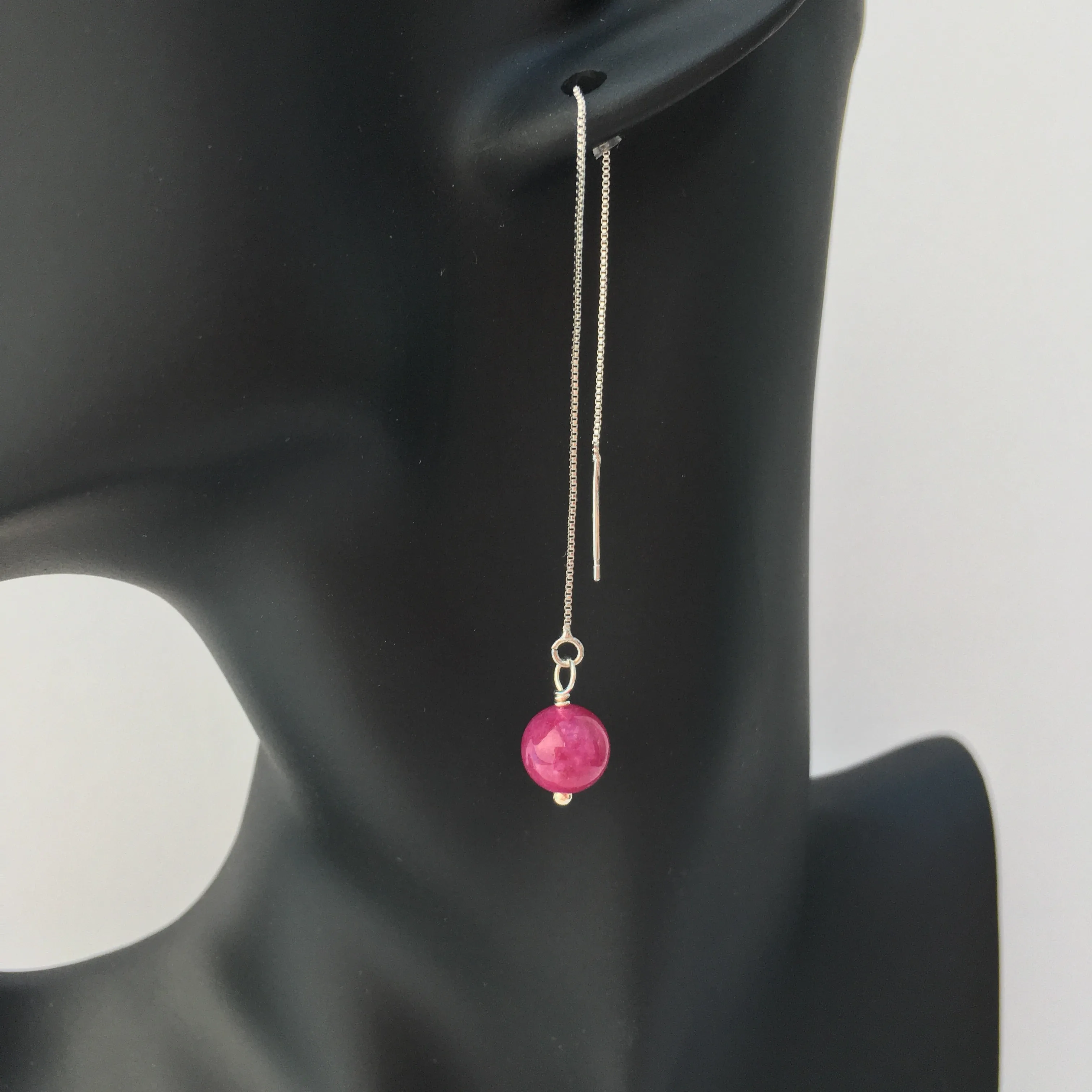 Genuine Pink Tourmaline Silver Plated Threader Earrings, Pair