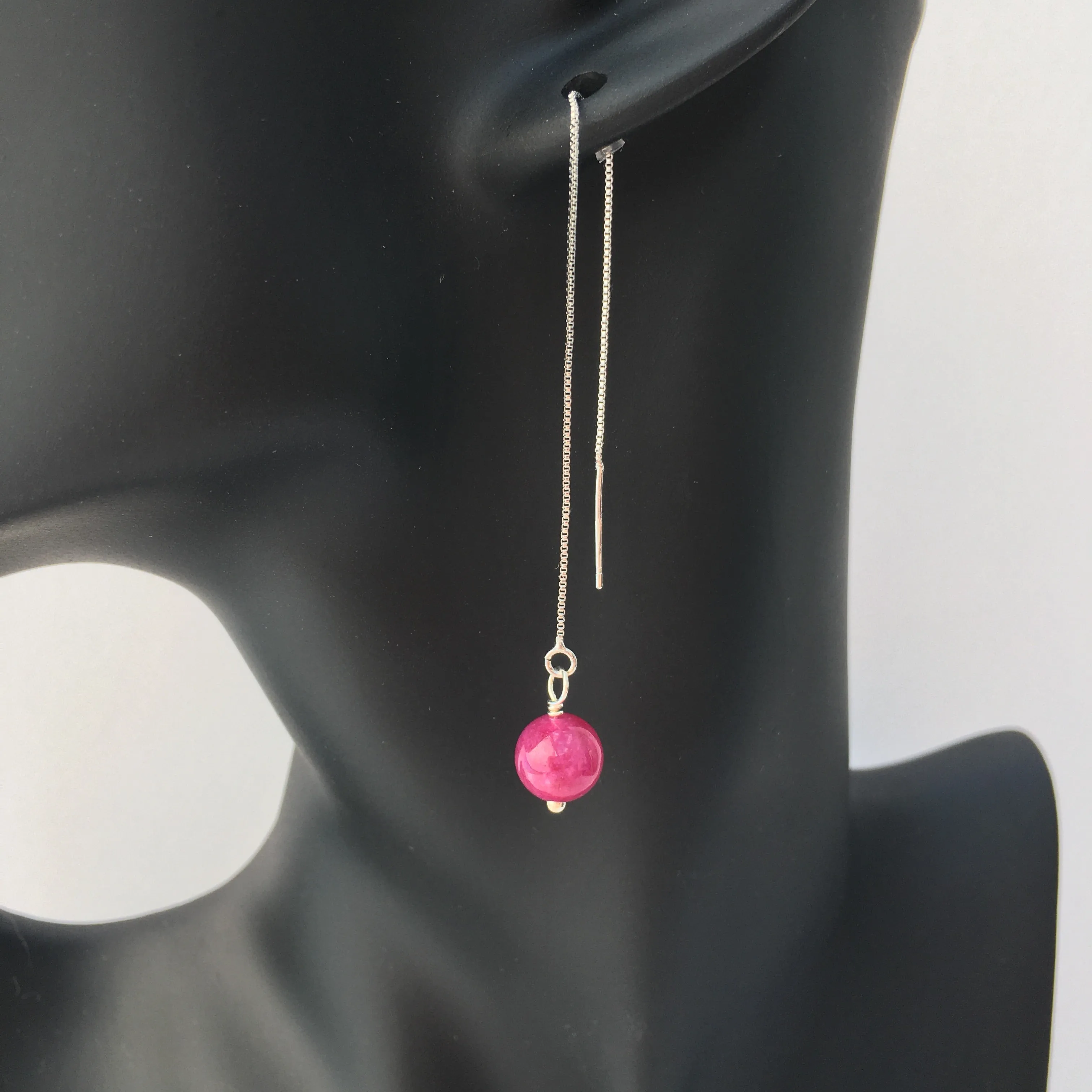 Genuine Pink Tourmaline Silver Plated Threader Earrings, Pair