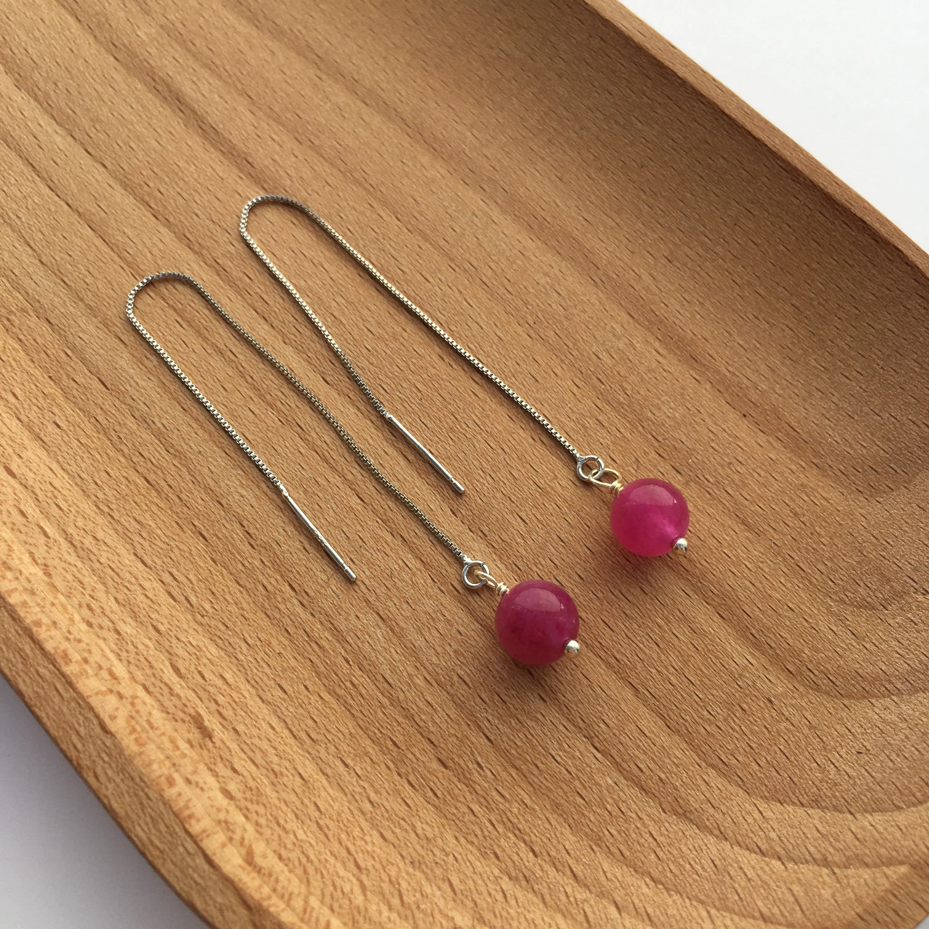 Genuine Pink Tourmaline Silver Plated Threader Earrings, Pair