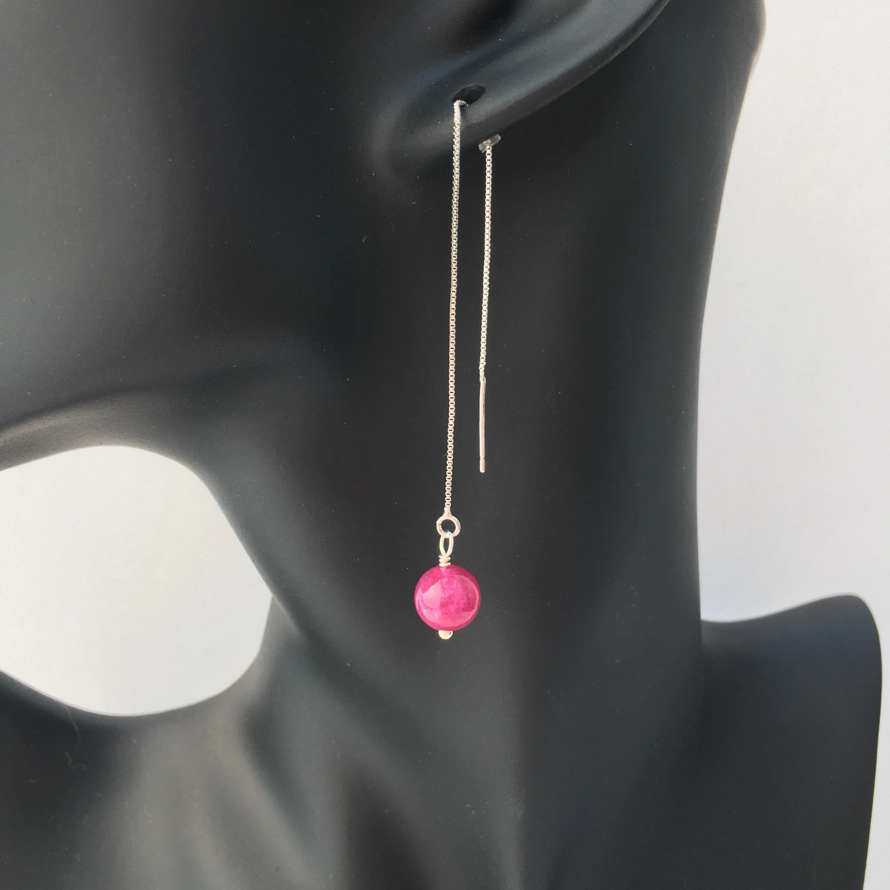 Genuine Pink Tourmaline Silver Plated Threader Earrings, Pair