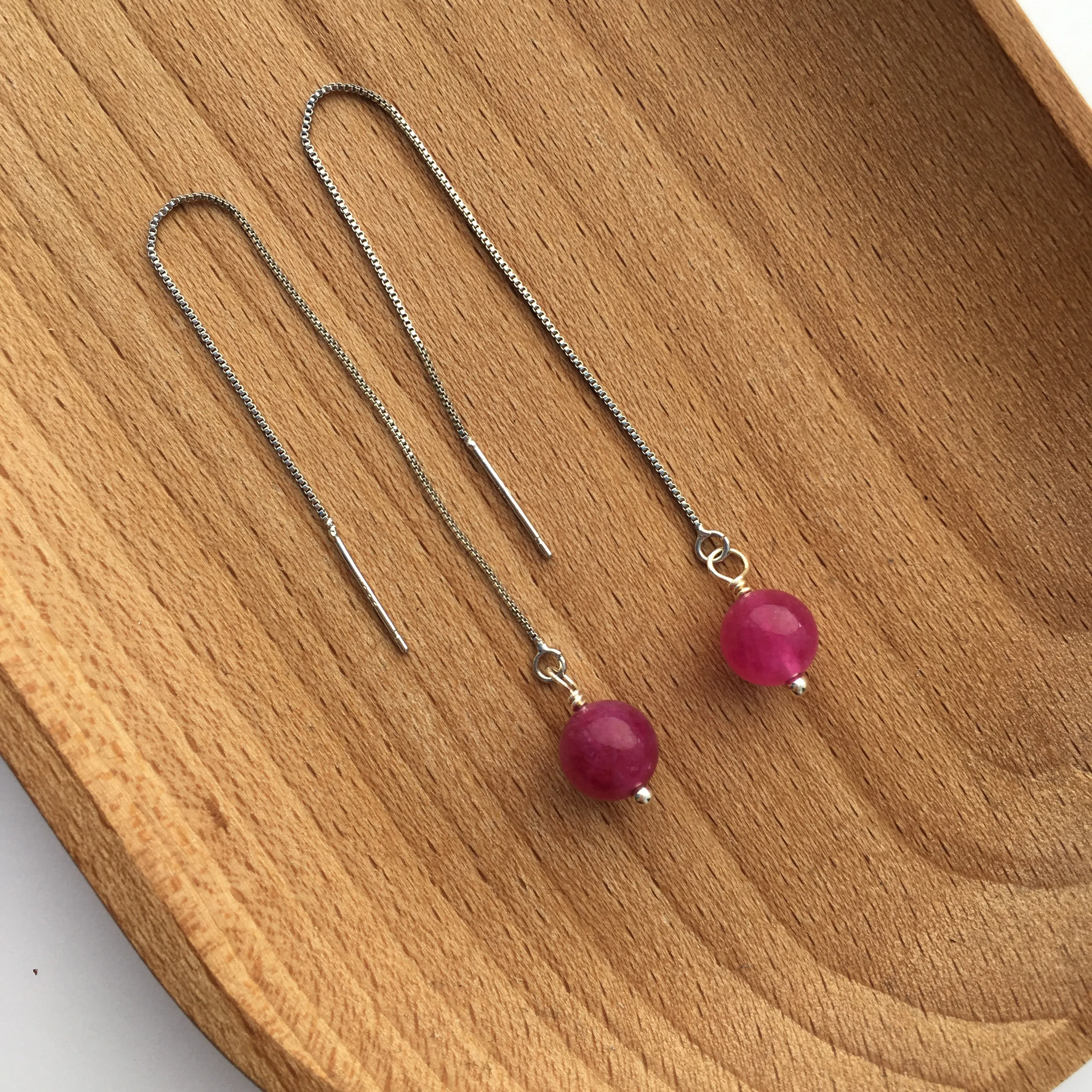 Genuine Pink Tourmaline Silver Plated Threader Earrings, Pair